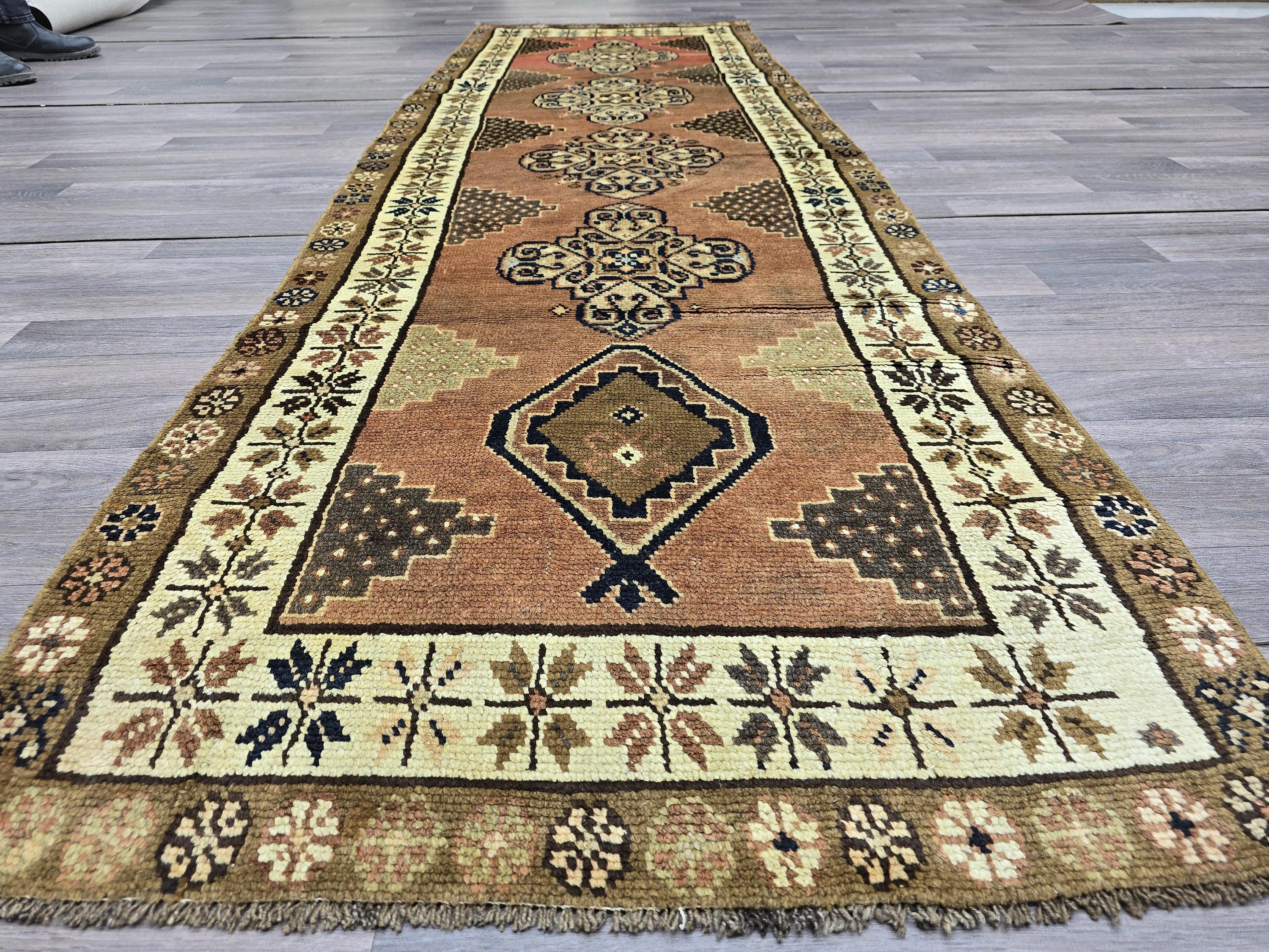 Vintage Turkish Runner Rug: 3x10 Brown Wool Hallway Oushak Rug