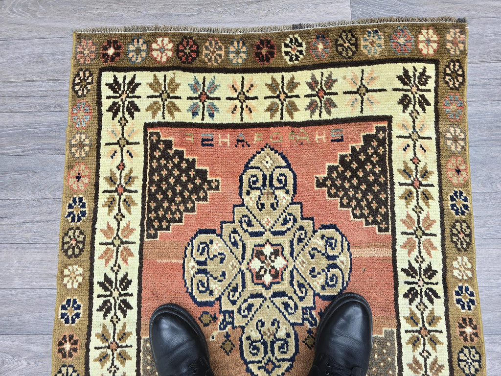 Vintage Turkish Runner Rug: 3x10 Brown Wool Hallway Oushak Rug