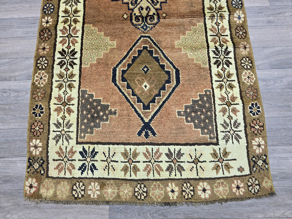 Vintage Turkish Runner Rug: 3x10 Brown Wool Hallway Oushak Rug