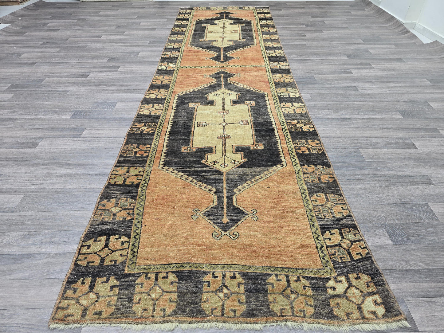 Long Vintage Persian Runner Rug 3.5x12 Handwoven Wool Hallway Carpet Orange Black Geometric Tribal Turkish Long Runner