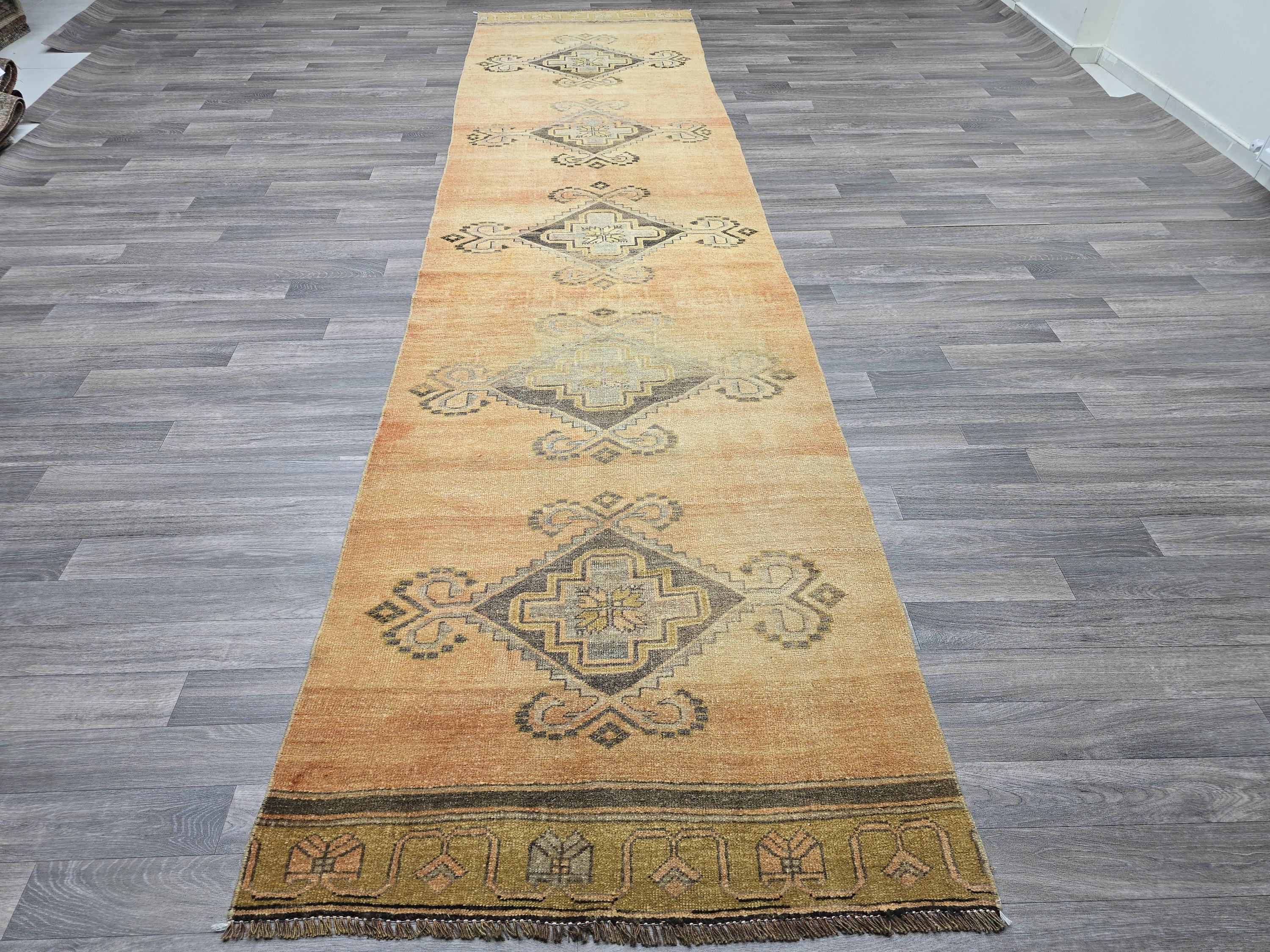 Hand Knotted Wool Vintage Turkish Runner Rug (3.3x14 feet)