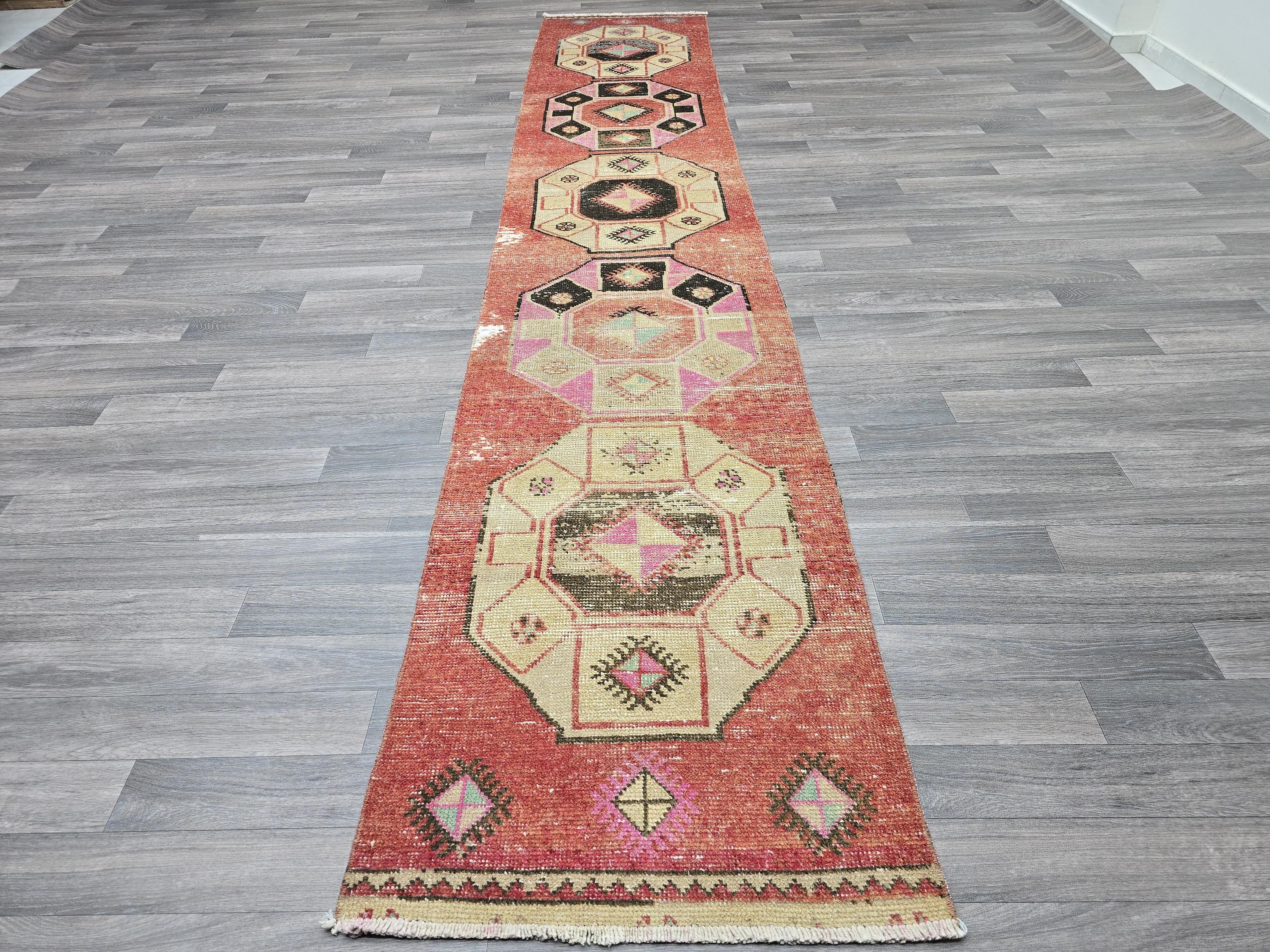 Vintage Turkish Runner Rug: Coral Oushak Medallion Hallway Carpet