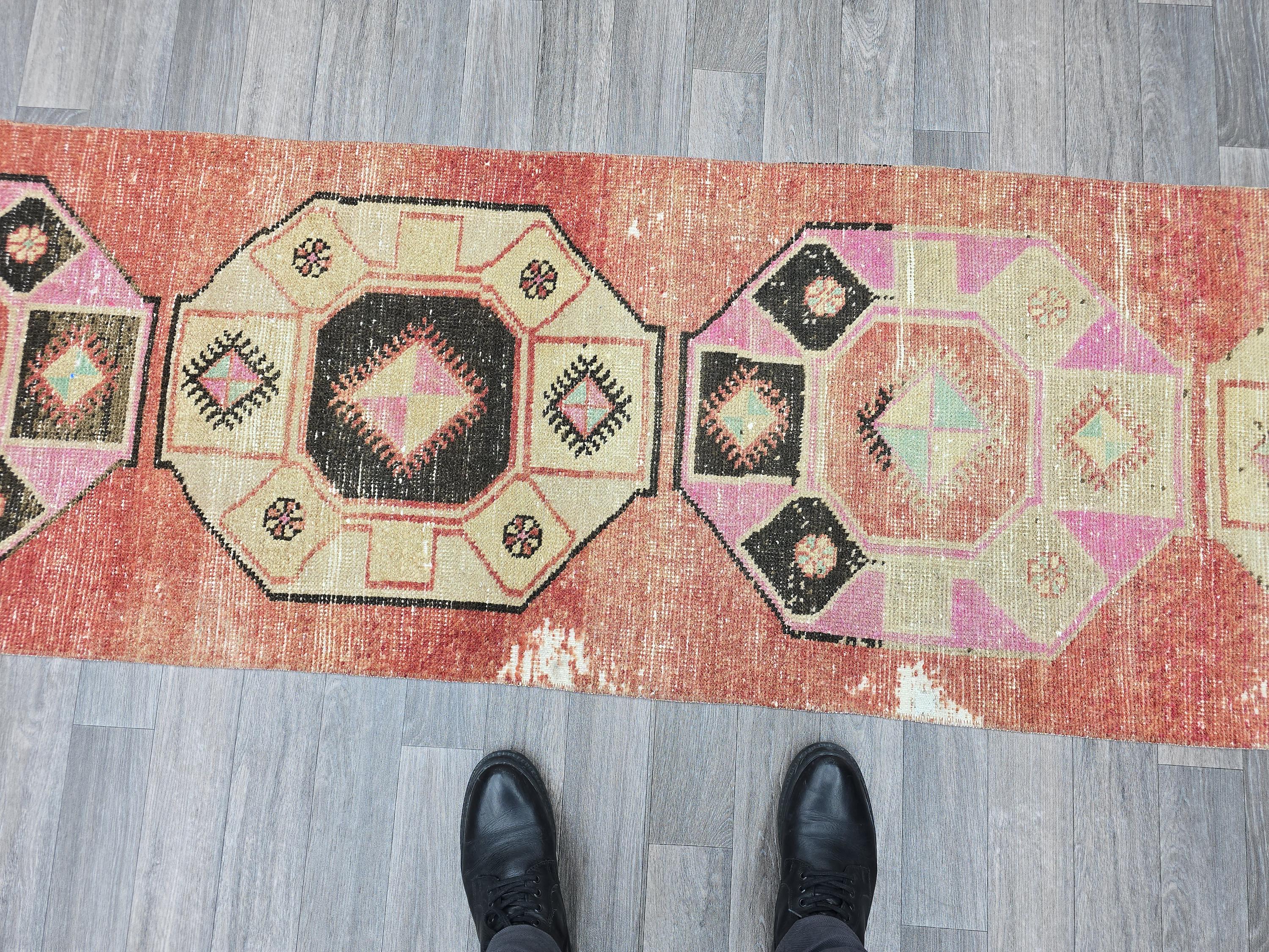 Vintage Turkish Runner Rug: Coral Oushak Medallion Hallway Carpet