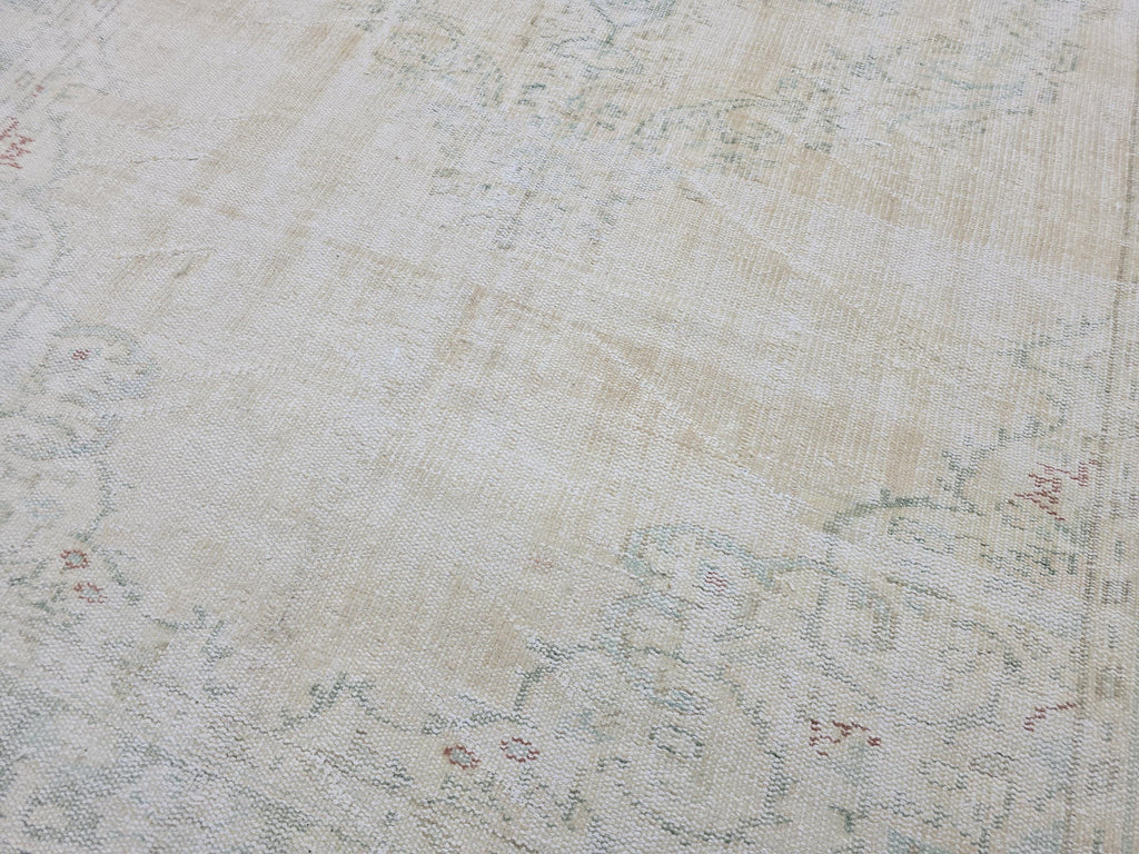 Vintage Oushak Rug 6x9: Hand-Knotted Turkish Wool Rug, Cream & Mint