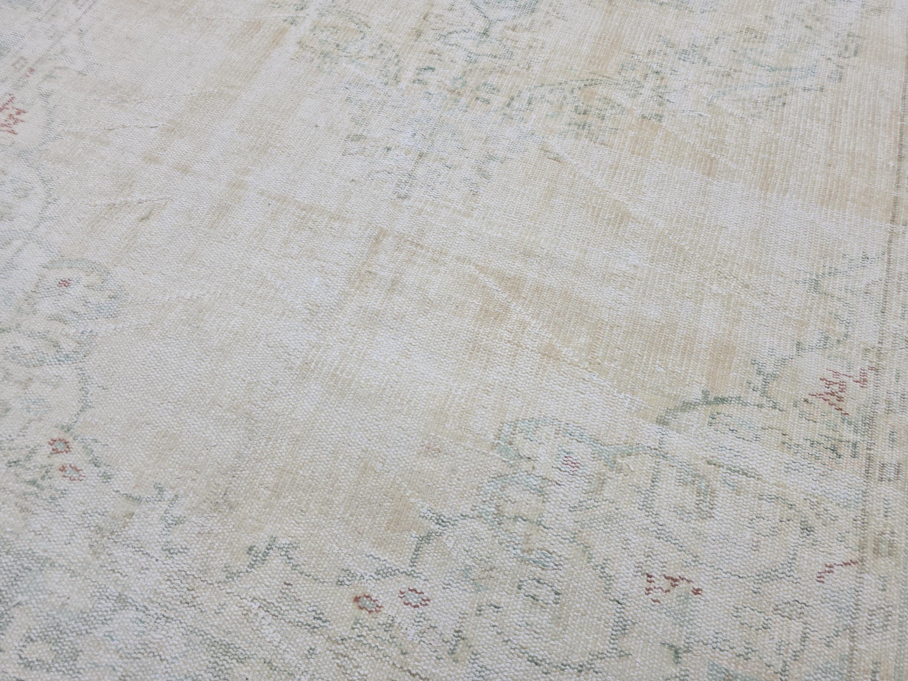 Vintage Oushak Rug 6x9: Hand-Knotted Turkish Wool Rug, Cream & Mint