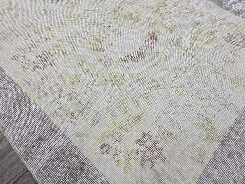 Vintage Oushak Rug: 4x7 Handknotted Wool Ivory Cream Floral Turkish Carpet