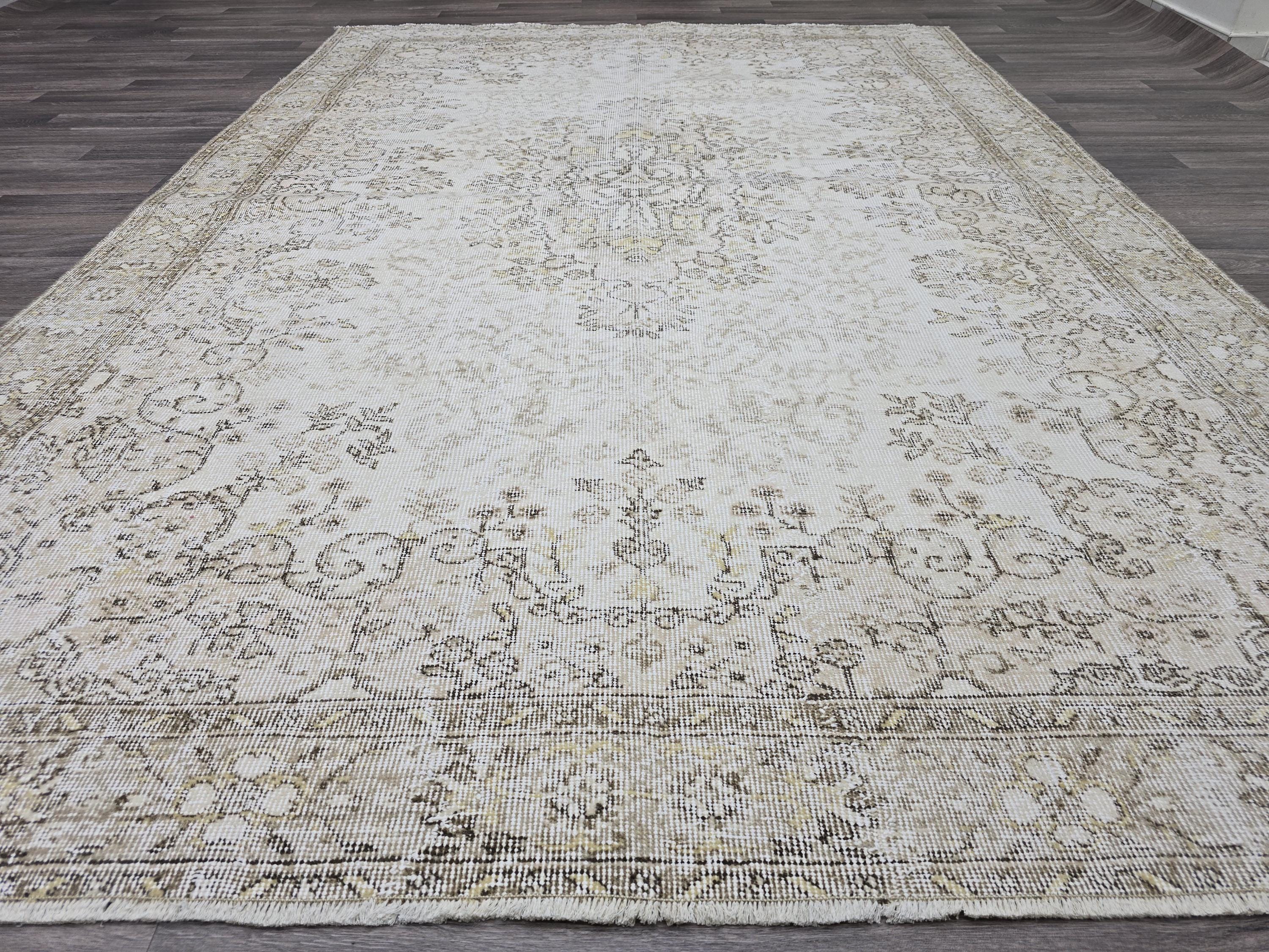 Vintage Turkish Oushak Rug: 6.5x9.5 ft, Beige Wool Floral Carpet