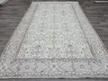 6x9 Vintage Turkish Oushak Rug: Hand-Knotted Wool Cream Floral Carpet
