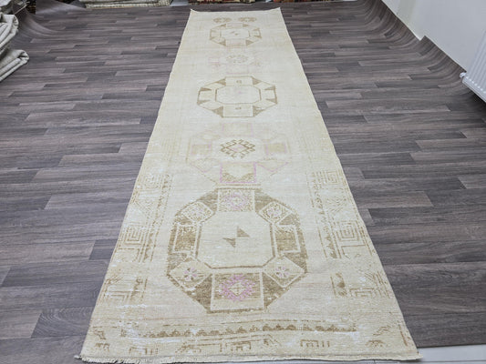 3.5x13 Wide and Long Neutral Vintage Runner Rug/ One-of-Kind Hand Woven Oushak Runner - Turkish Runner Rug //3.50x12.70 feet
