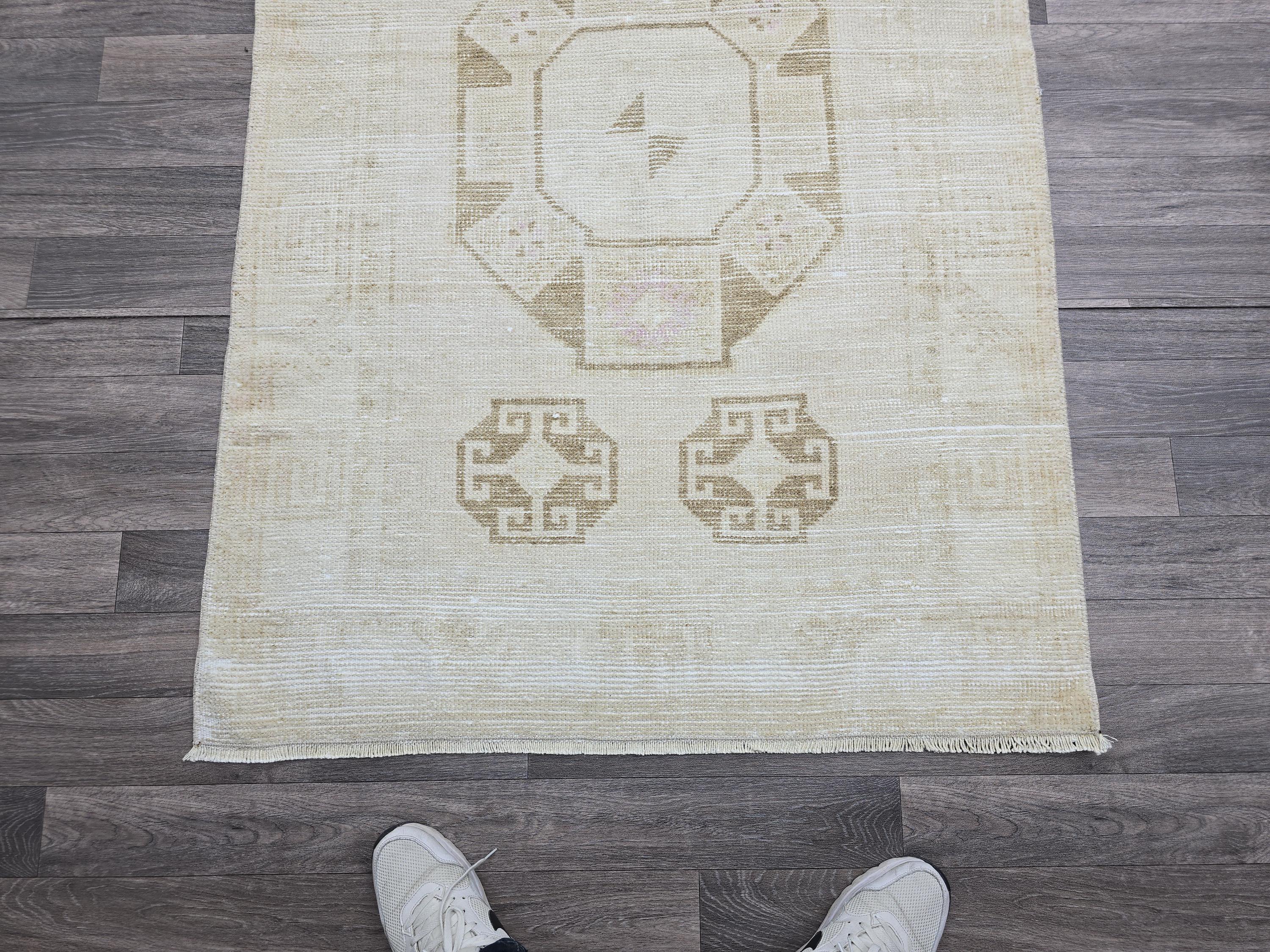 Handwoven Oushak Runner Rug: 3.5x12.7 ft, Neutral Turkish Vintage Rug