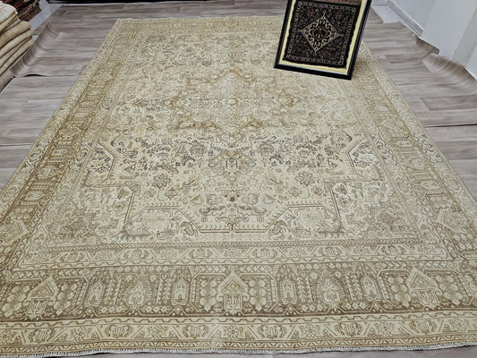Vintage Rug 9x12 Heriz Design- 9.40x12.50 feet (286x382 cm) Neutral Geometric Beige Wool Carpet - Oriental Rug Oversize Oushak Area Rug
