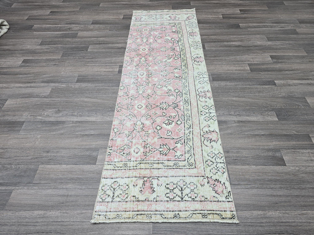 Vintage Turkish Runner Rug: Pink Oushak Wool Hallway Carpet