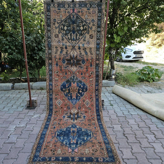 Antique Runner - 3.50x10.60 feet Wide Antique Wool Runner - Hand Knotted Traditional Runner - Geometric Traditional Runner rug