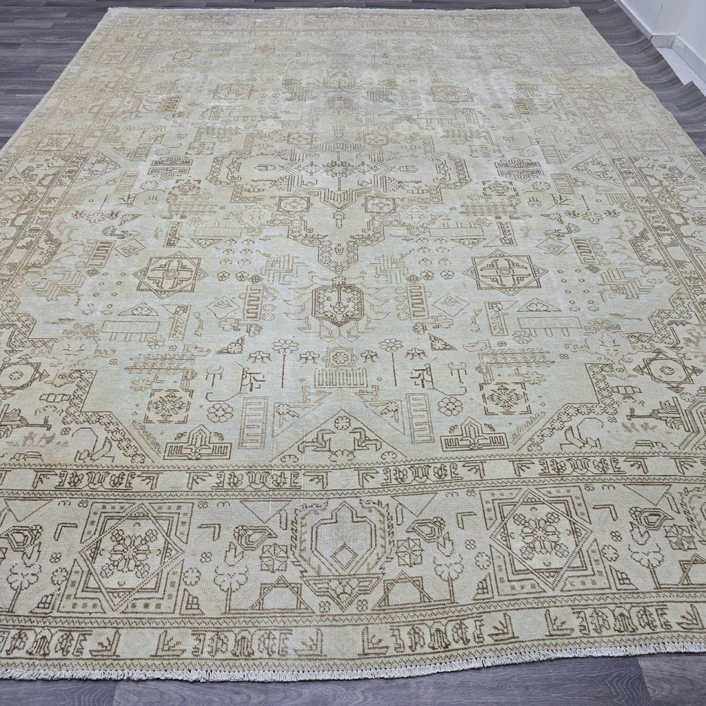 10x12 Hand Knotted Wool Turkish Oushak Rug: Neutral Distressed Area Rug