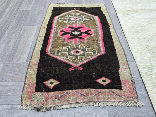 Vintage Turkish Wool Rug: Black & Pink Geometric Oushak Doormat (2x3 ft)