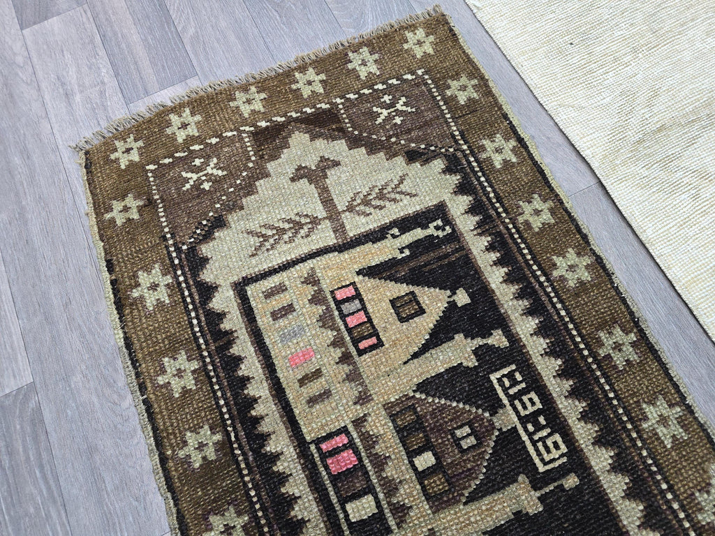 Hand Knotted Turkish Doormat and Bath mat Neutral Beige Brown - 20x41 inches