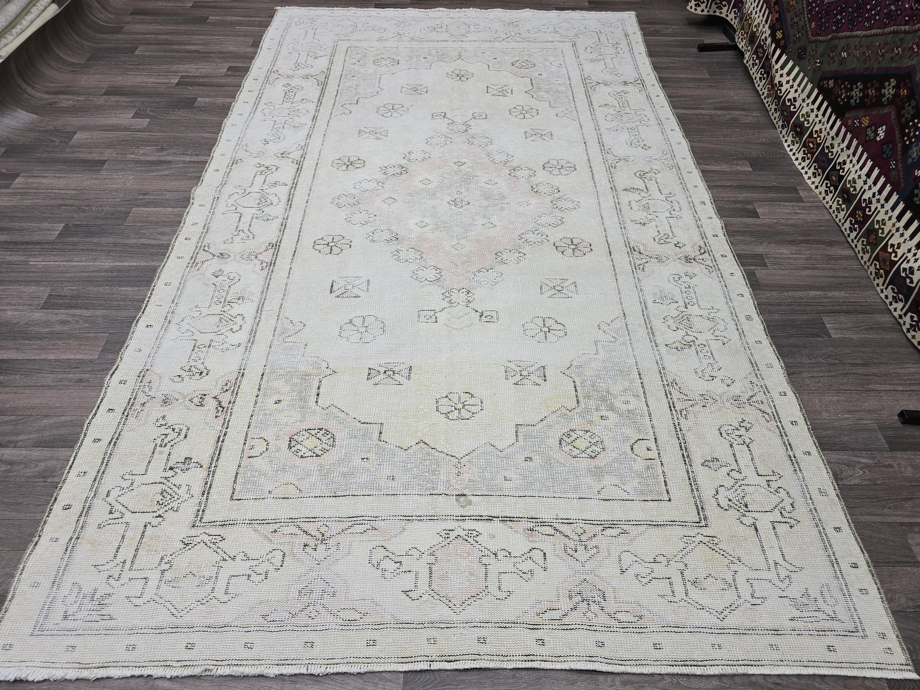 Large Vintage Oushak Rug: 6x10 Ivory Turkish Wool Rug