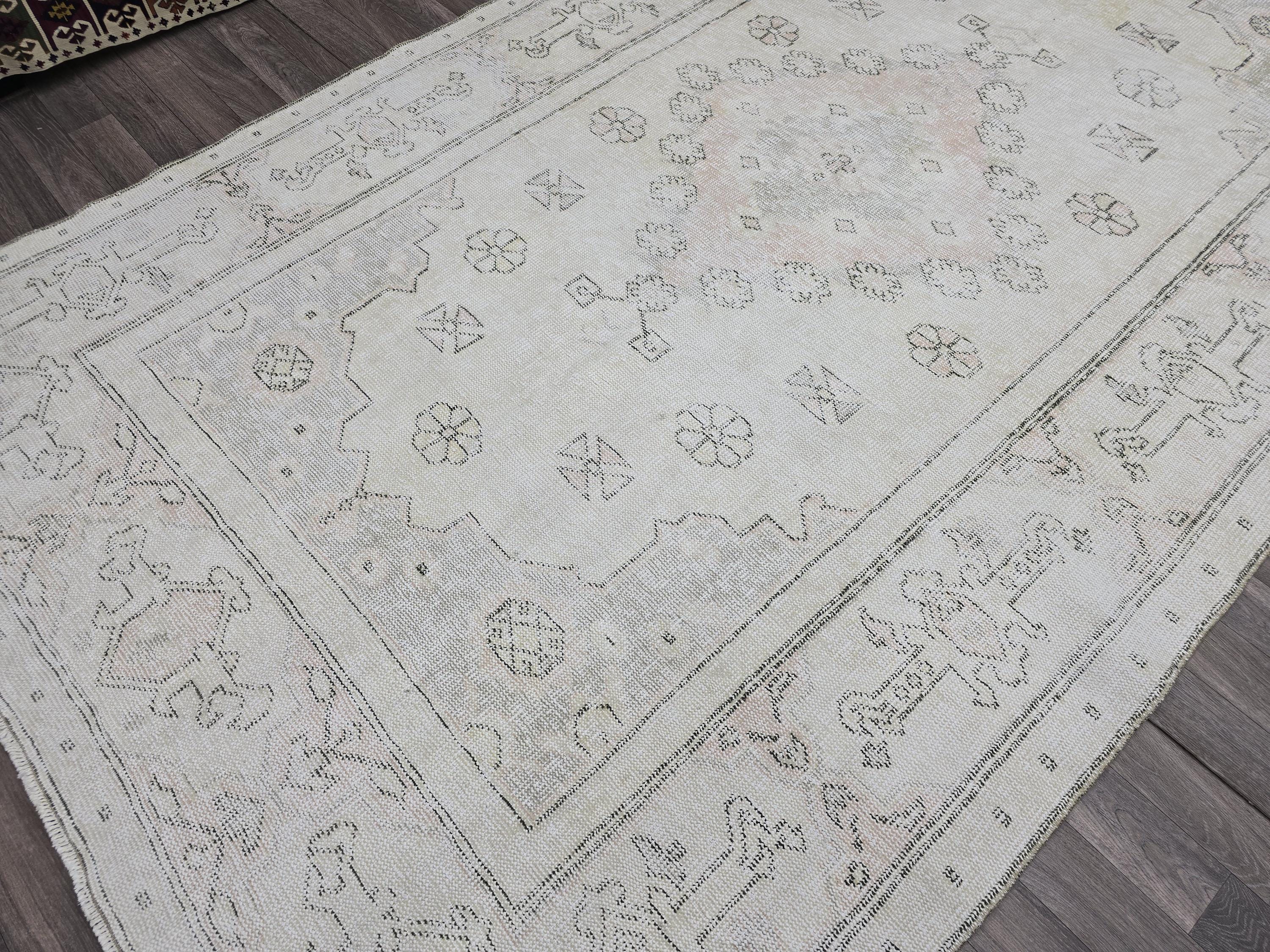 Large Vintage Oushak Rug: 6x10 Ivory Turkish Wool Rug
