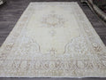 Hand Knotted Wool Oushak Rug 7x10: Neutral Medallion Turkish Carpet
