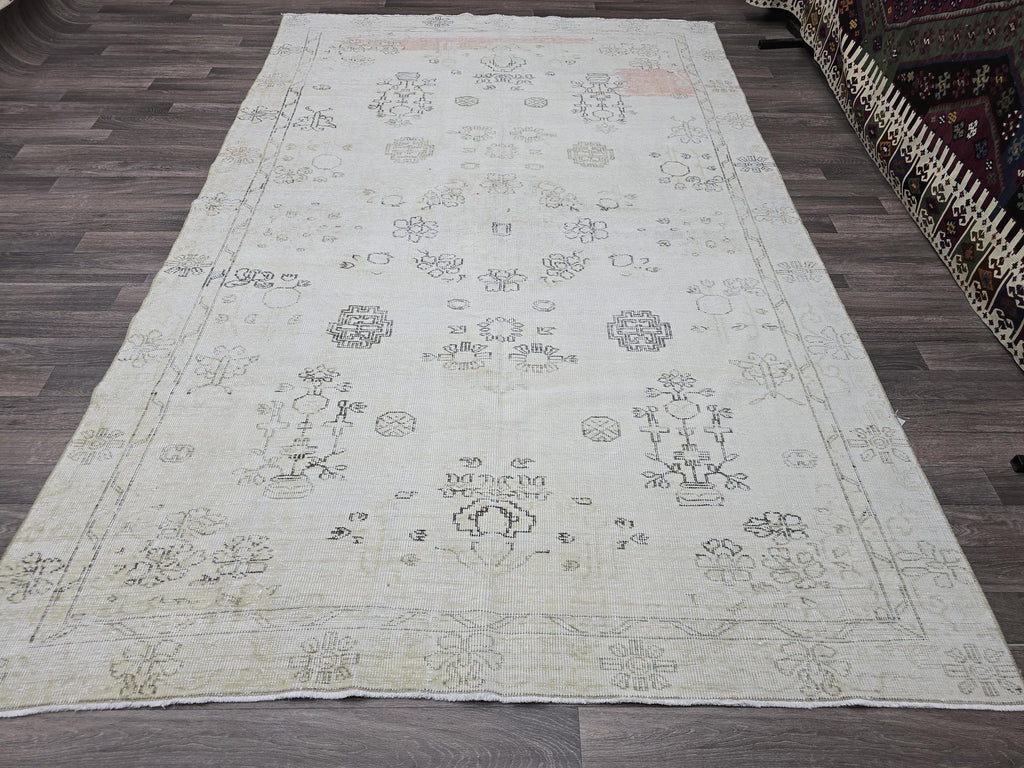 Vintage Oushak Rug 6x10 Feet Neutral Cream Beige Distressed Turkish Rug Living Room