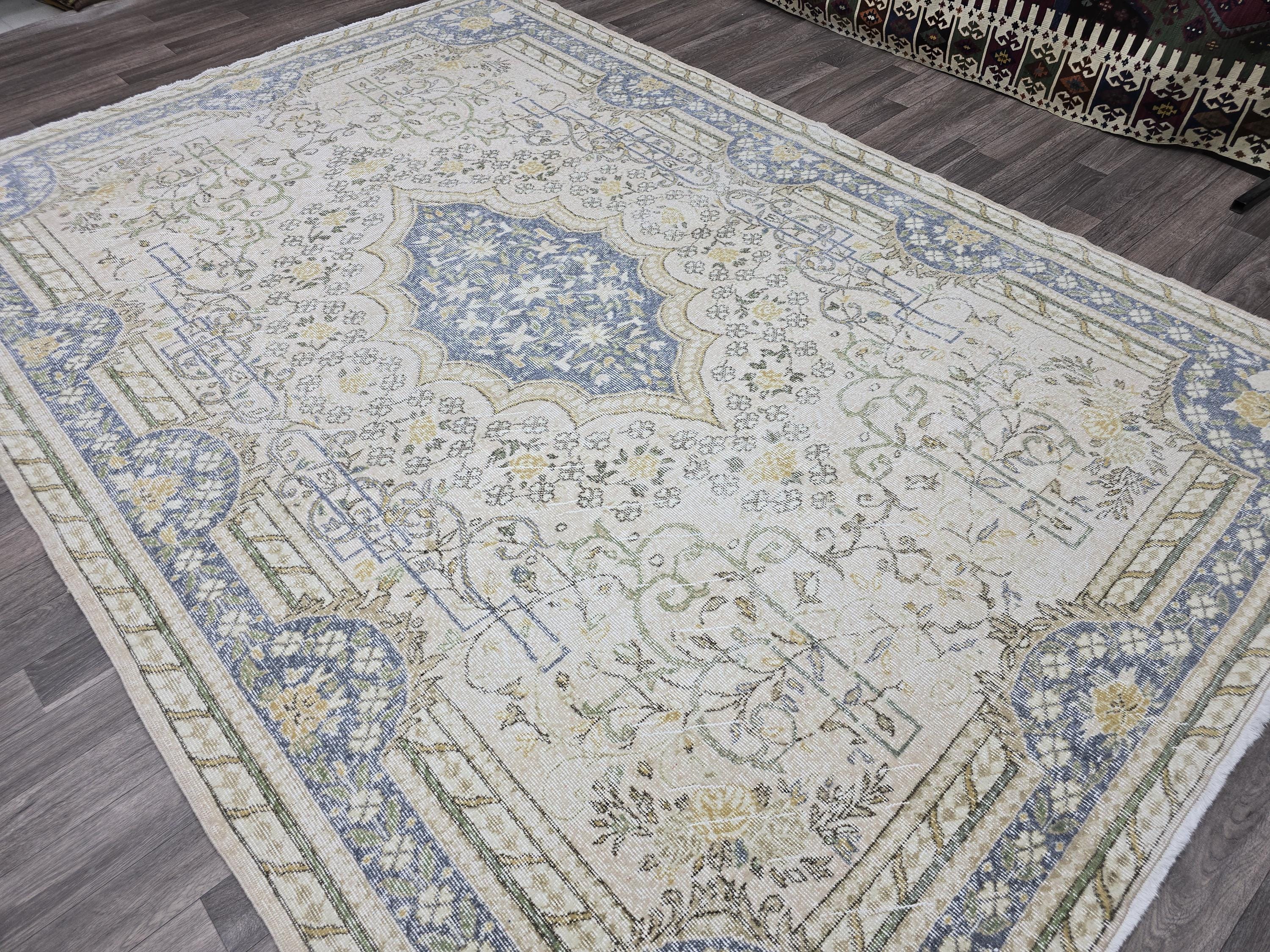 7x10 Vintage Rug 7x10 Blue Cream Oushak Medallion Wool Handknotted Turkish Oushak Area Carpet Muted Living Room Decor Free Shipping