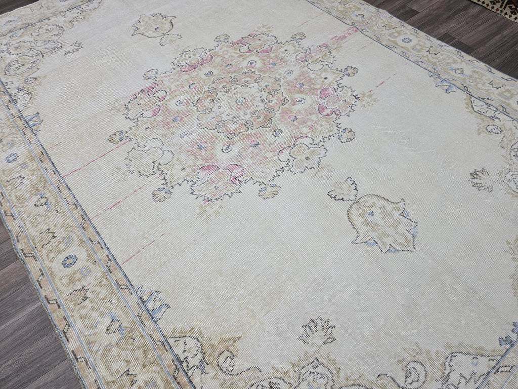 Turkish Rug 7x10 Vintage Cream Wool Area Rug Muted Pink Oushak Living Room Carpet