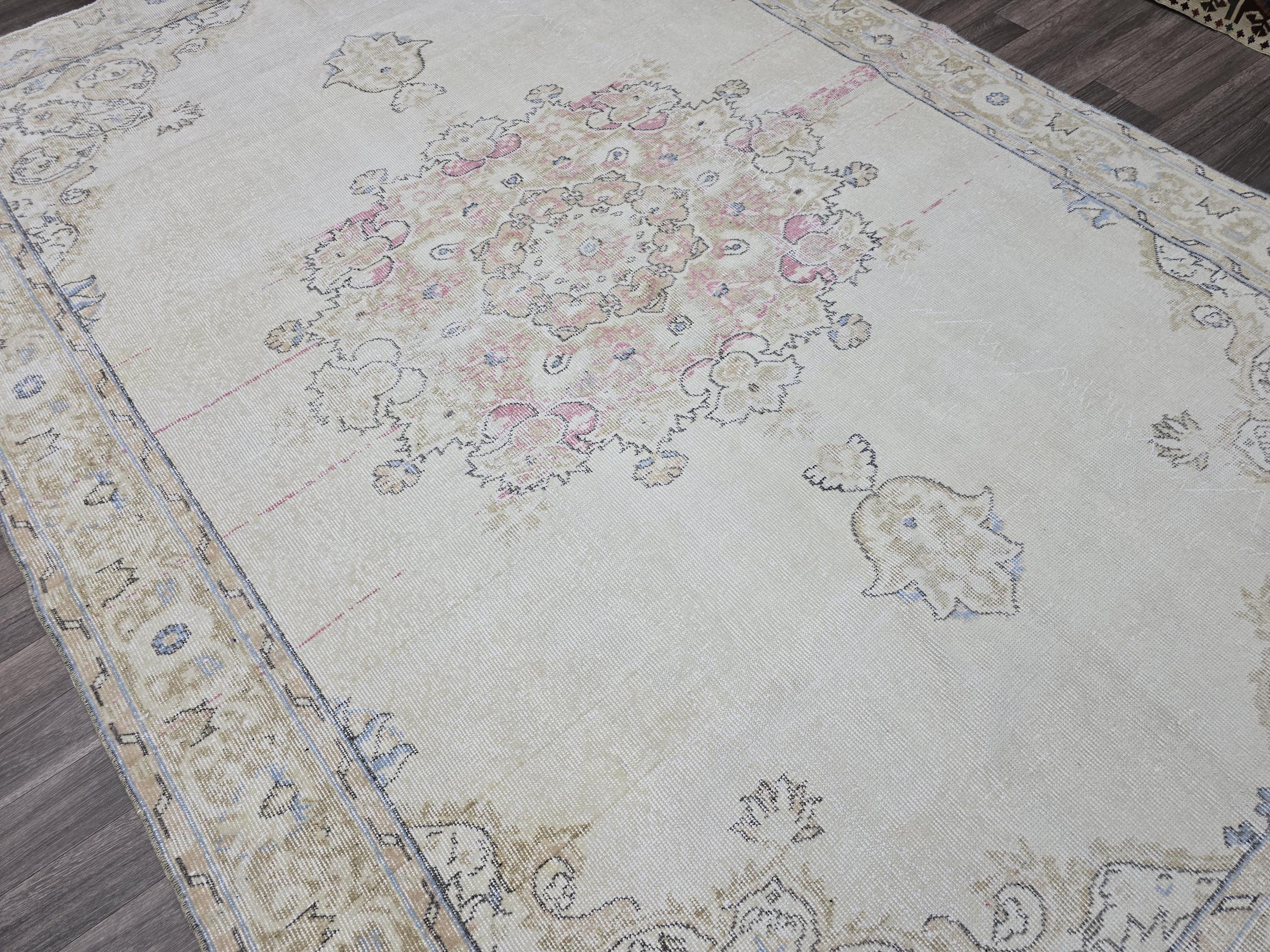 Turkish Rug 7x10 Vintage Cream Wool Area Rug Muted Pink Oushak Living Room Carpet