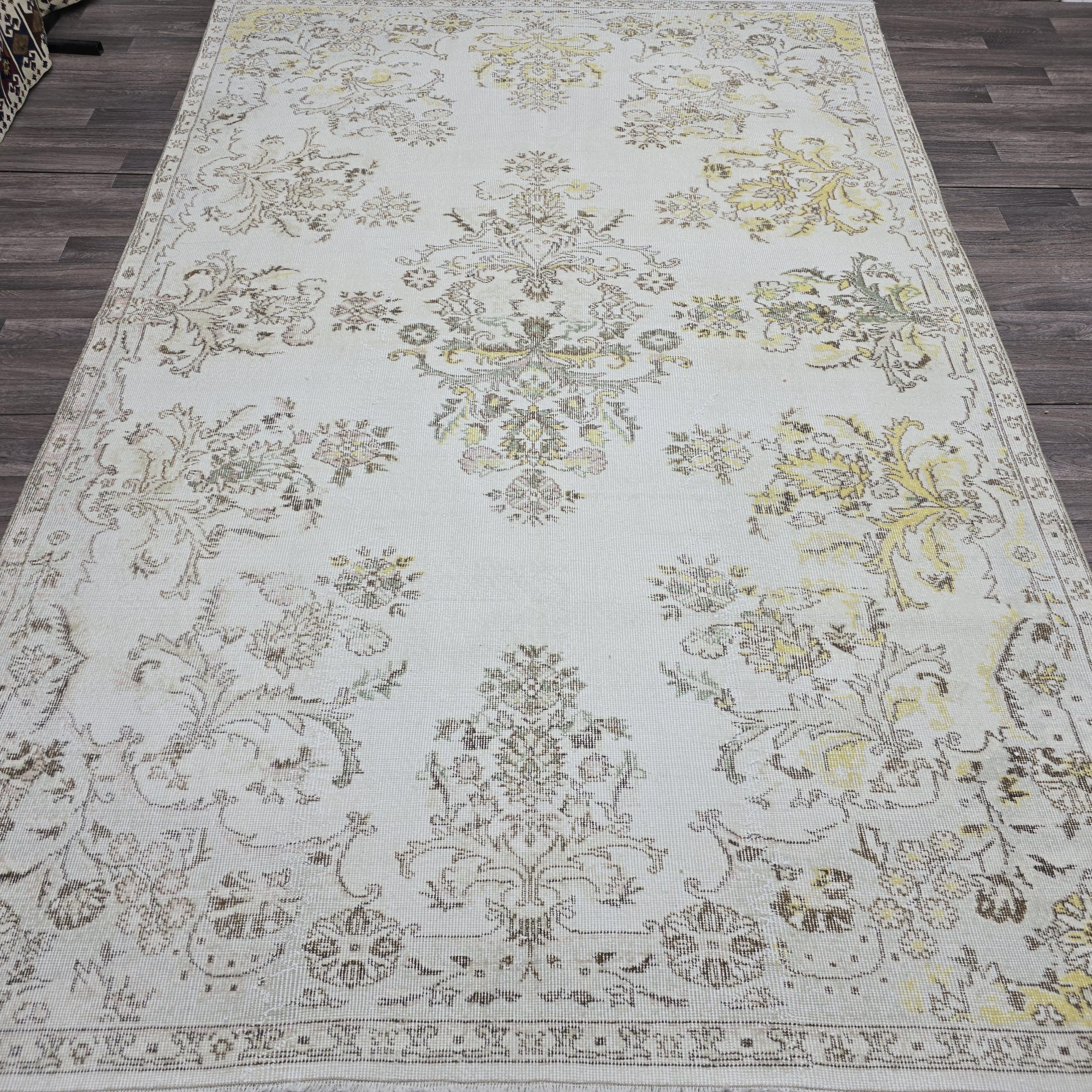 Vintage Rug 7x10 Oushak Rug Ivory Turkish Rug Handmade Wool Carpet Neutral Muted Area Rug For Living Room Bedroom Boho Home Decor