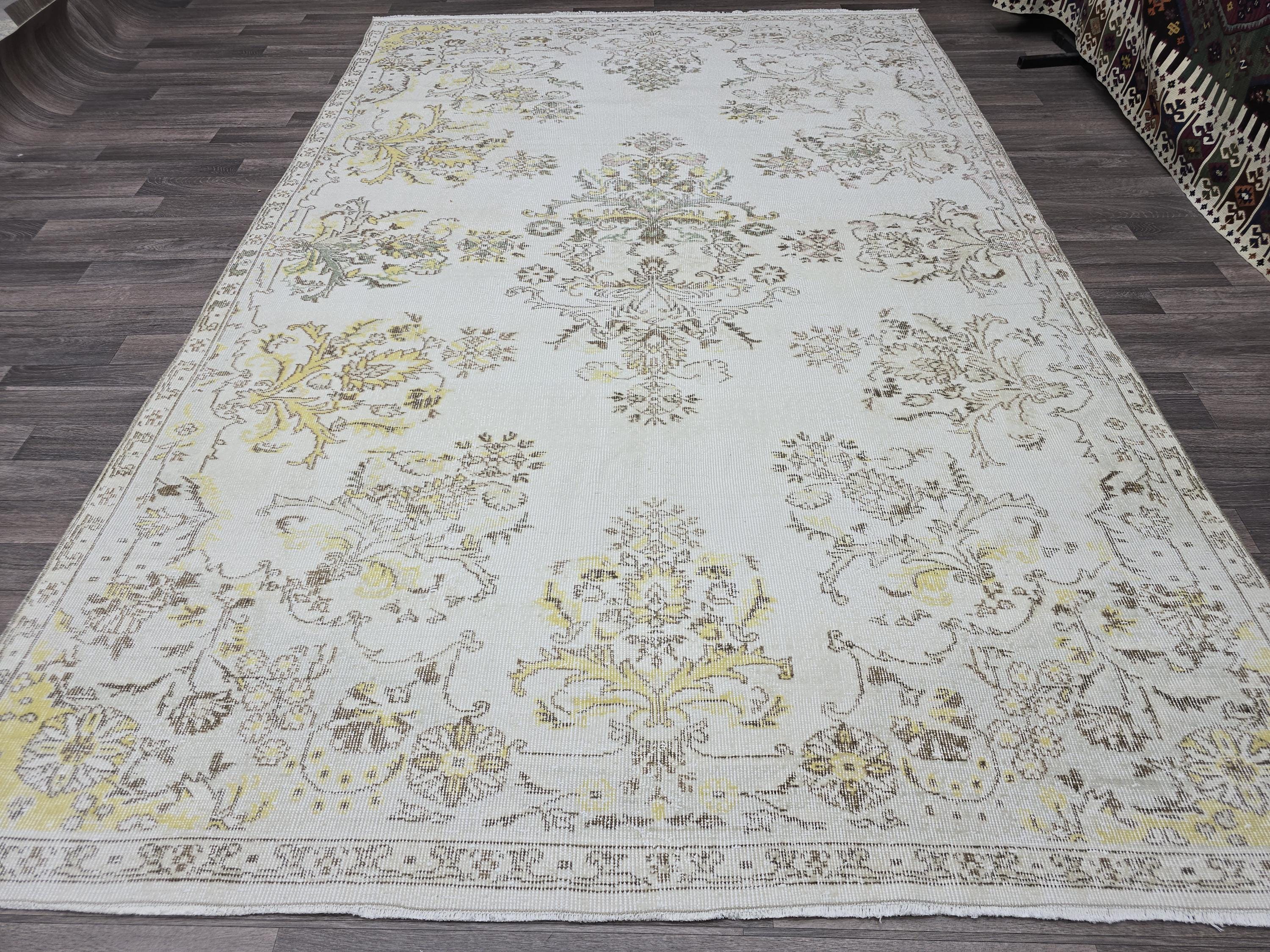 Vintage Rug 7x10 Oushak Rug Ivory Turkish Rug Handmade Wool Carpet Neutral Muted Area Rug For Living Room Bedroom Boho Home Decor