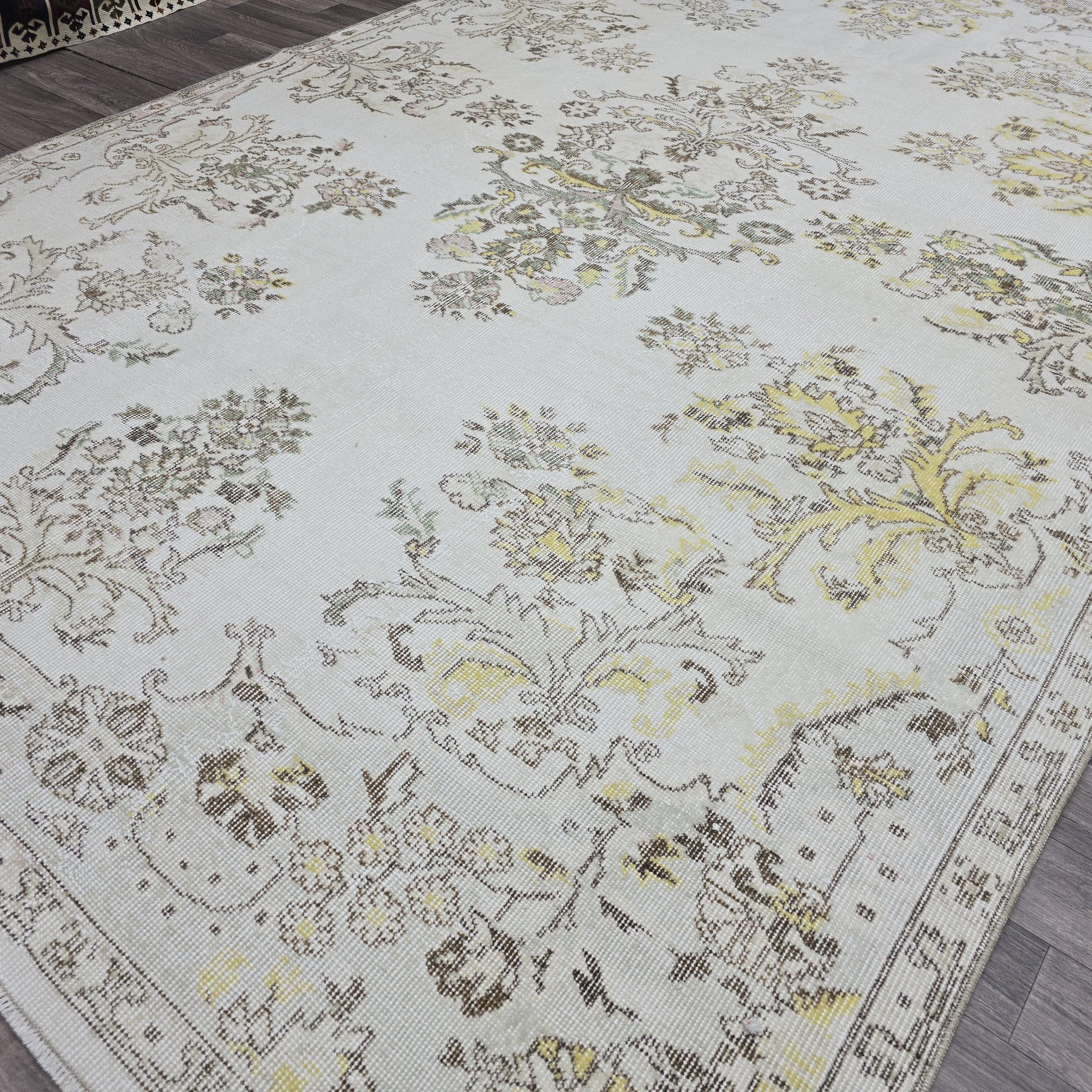 Vintage Rug 7x10 Oushak Rug Ivory Turkish Rug Handmade Wool Carpet Neutral Muted Area Rug For Living Room Bedroom Boho Home Decor