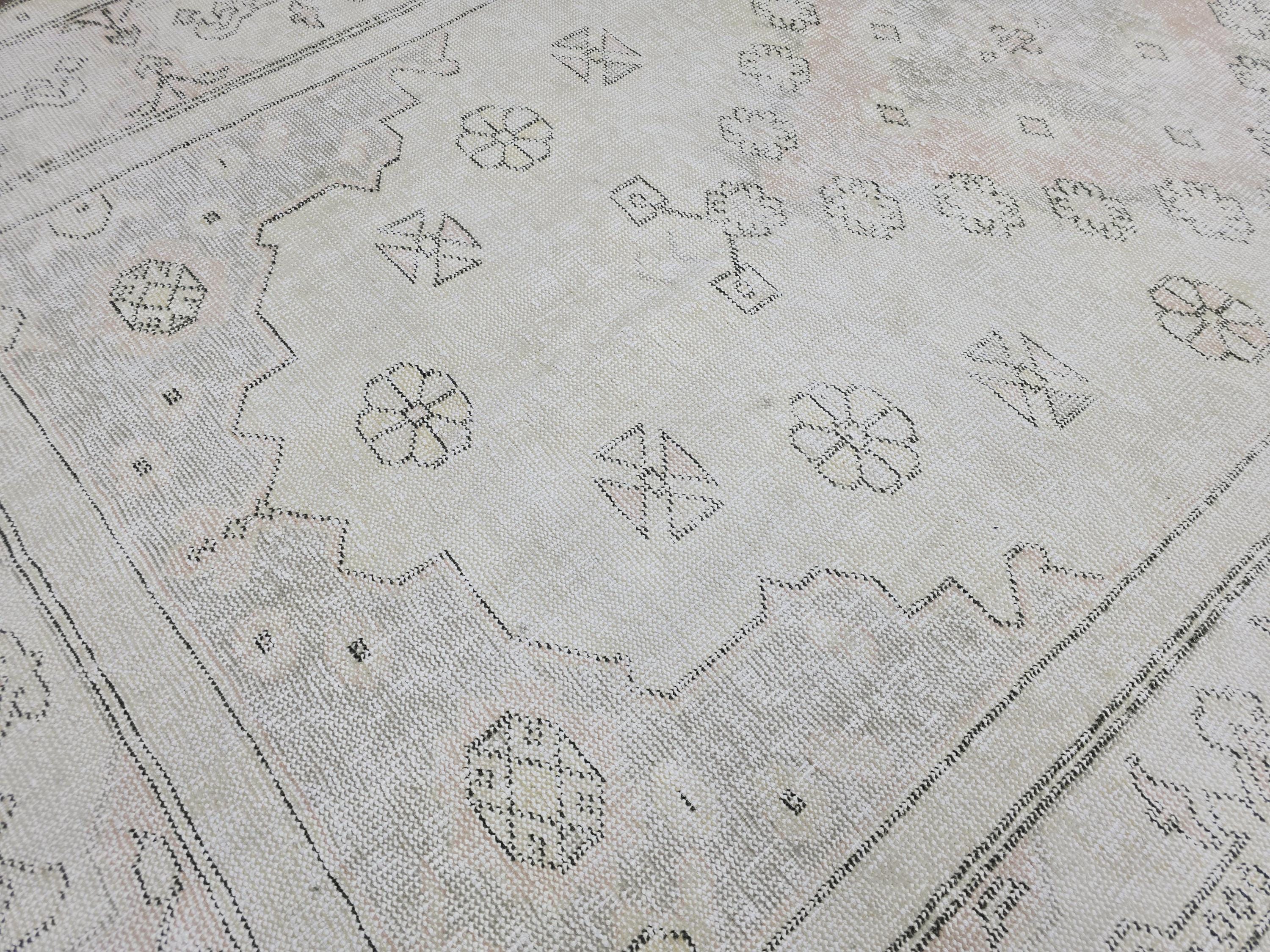 Large Vintage Oushak Rug: 6x10 Ivory Turkish Wool Rug