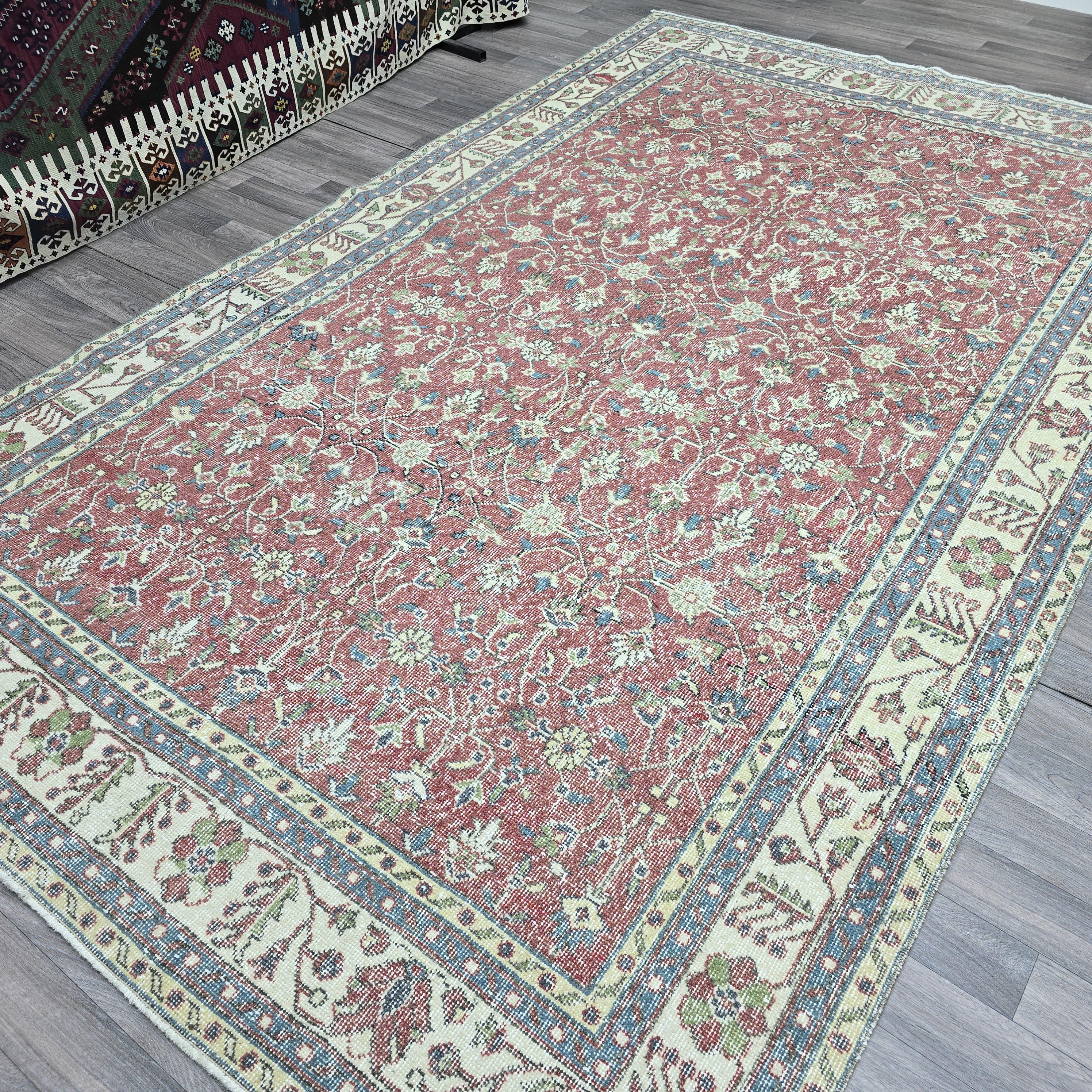 7x10 Vintage Turkish Oushak Rug: Hand-Knotted Wool Floral Carpet
