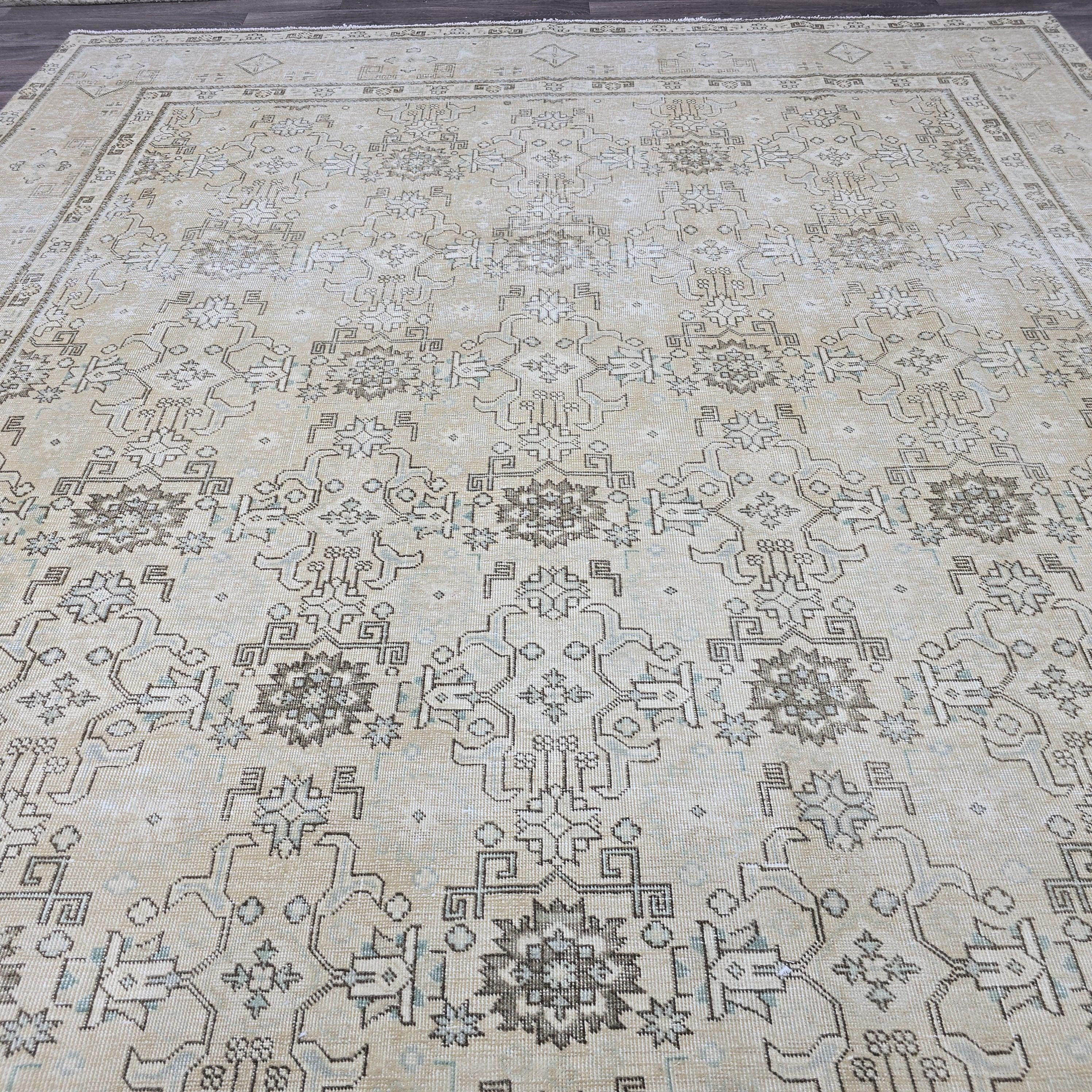 9x13 Oversize Vintage Rug/ Hand Knotted Large Turkish Rug/ Neutral Floral Area Rug/ Distressed Oushak Rug/ Oriental Carpet/ 9.25 x 13 feet