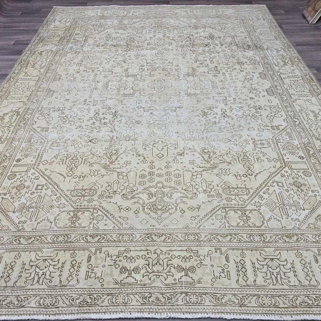 Vintage Oushak Turkish Rug: 8x11 Beige Cream Wool Area Rug