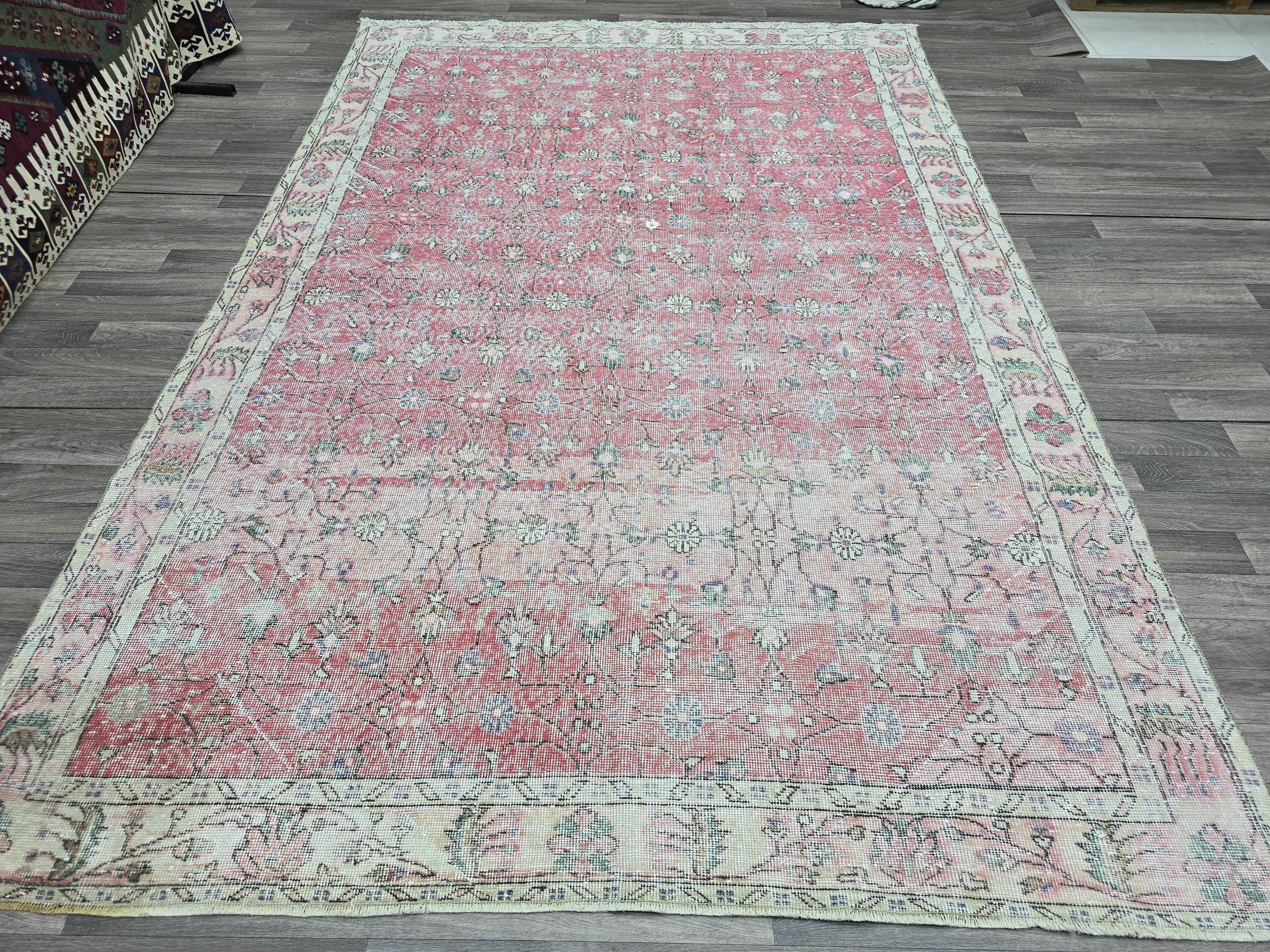 7x10 Vintage Turkish Rug  Cream Pink Oushak Rug Hand knotted Wool Area Rug Floral Living Room Carpet Pastel Oriental Rug
