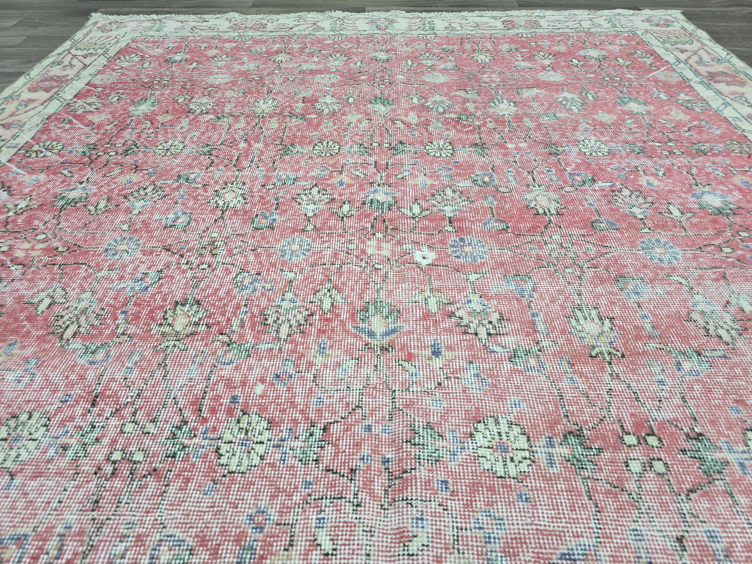7x10 Vintage Turkish Rug  Cream Pink Oushak Rug Hand knotted Wool Area Rug Floral Living Room Carpet Pastel Oriental Rug
