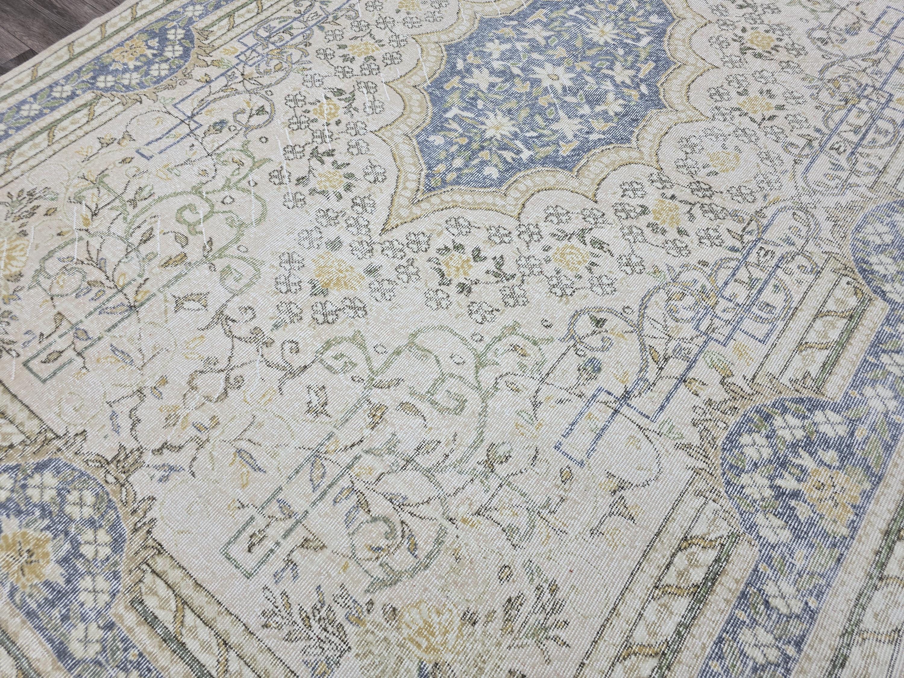 7x10 Vintage Rug 7x10 Blue Cream Oushak Medallion Wool Handknotted Turkish Oushak Area Carpet Muted Living Room Decor Free Shipping