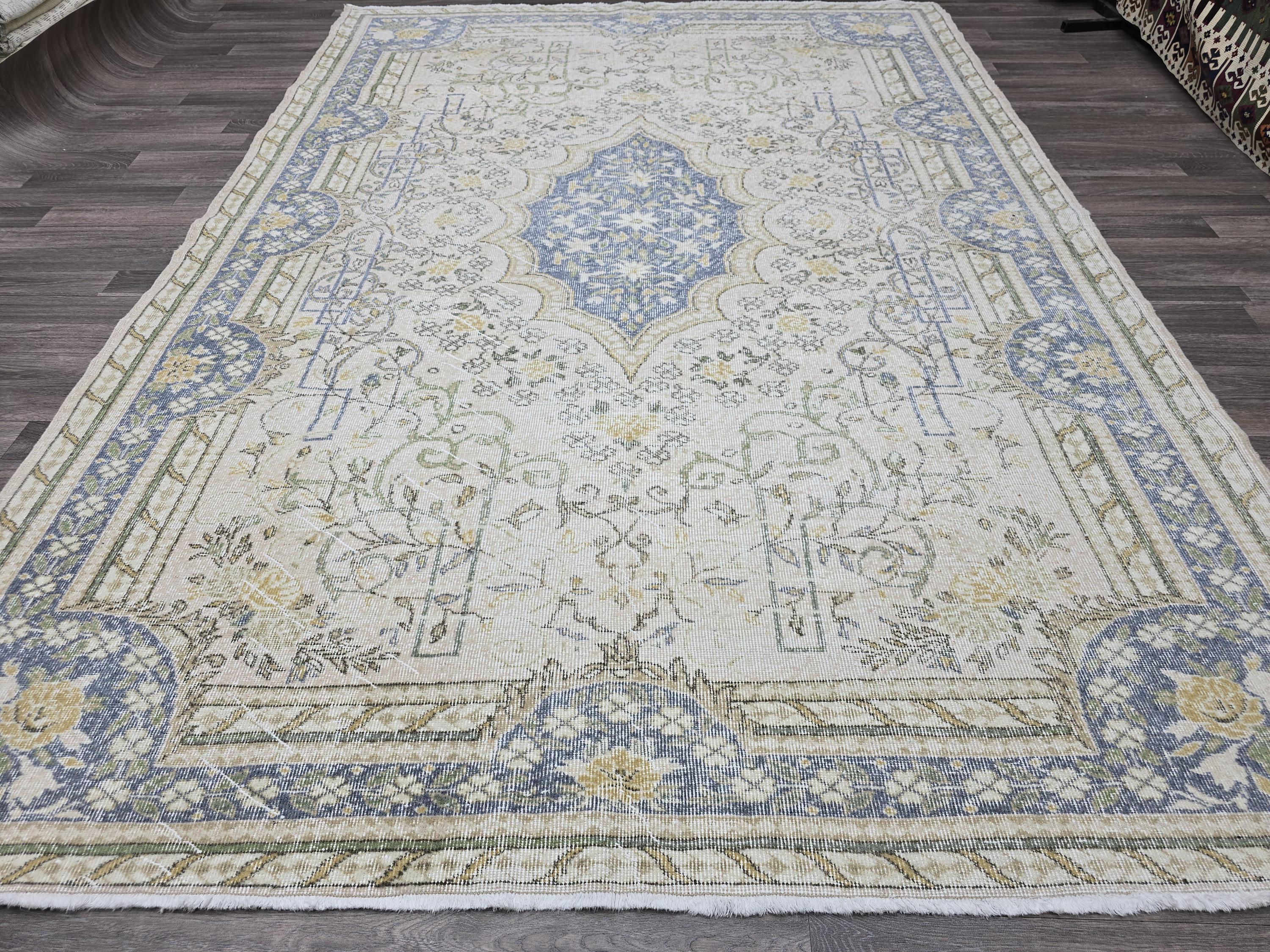 7x10 Vintage Rug 7x10 Blue Cream Oushak Medallion Wool Handknotted Turkish Oushak Area Carpet Muted Living Room Decor Free Shipping