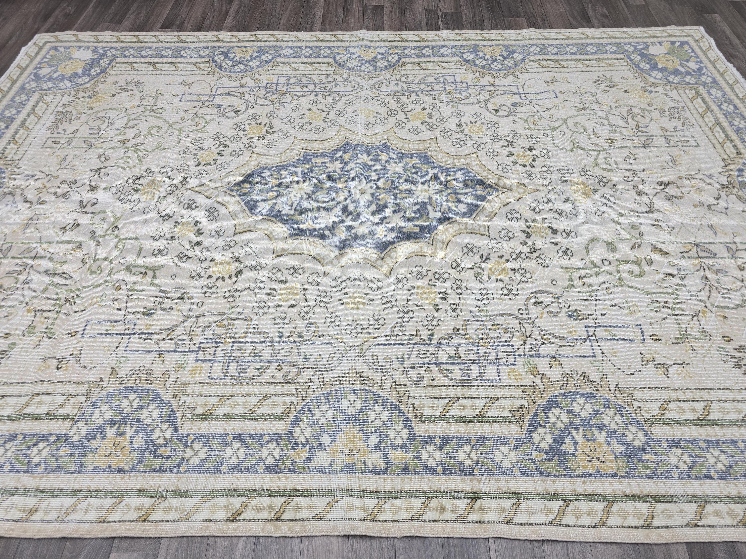 7x10 Vintage Rug 7x10 Blue Cream Oushak Medallion Wool Handknotted Turkish Oushak Area Carpet Muted Living Room Decor Free Shipping