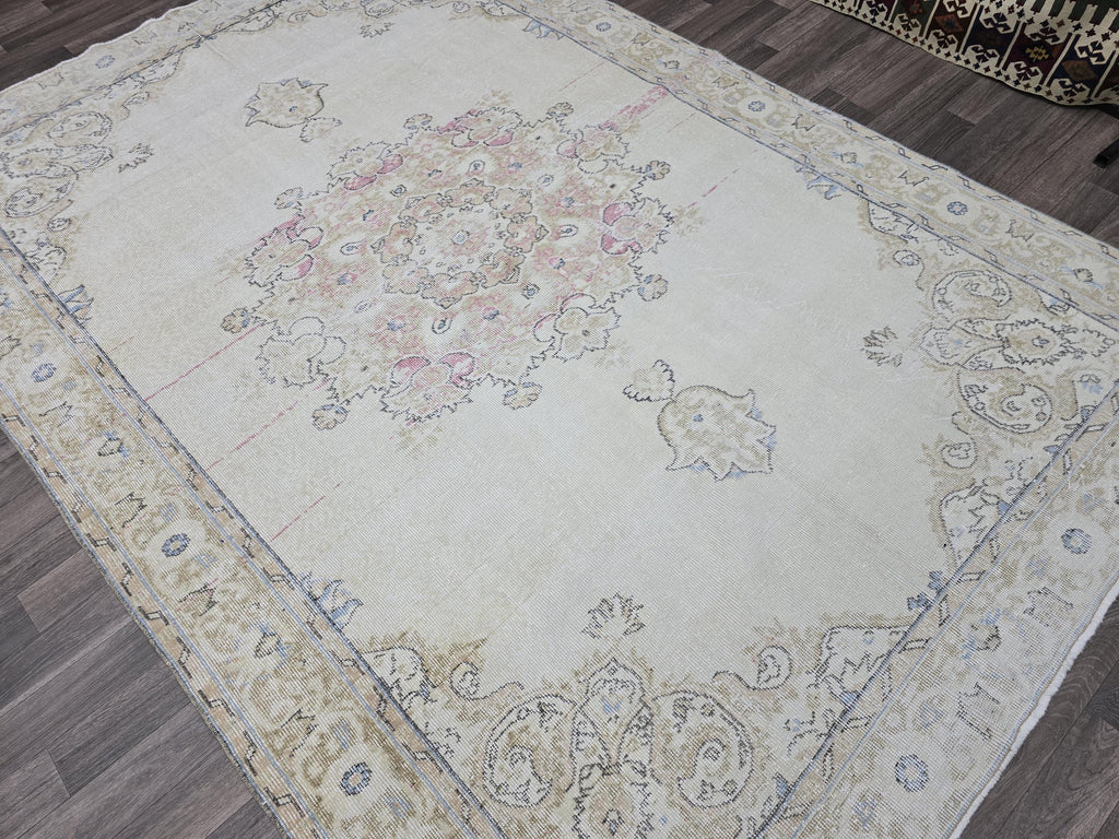 Turkish Rug 7x10 Vintage Cream Wool Area Rug Muted Pink Oushak Living Room Carpet