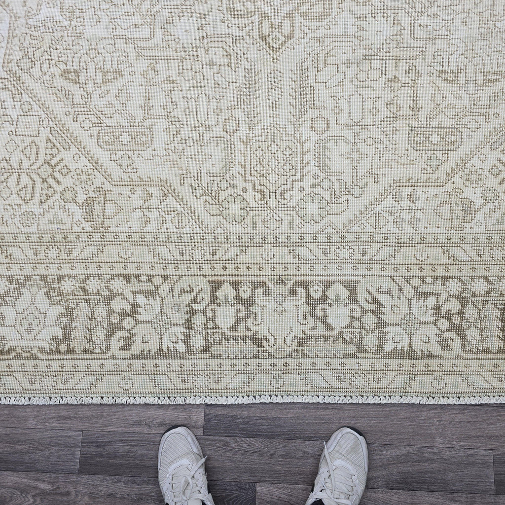 9x12 Hand Knotted Oushak Rug: Neutral Distressed Turkish Wool Carpet