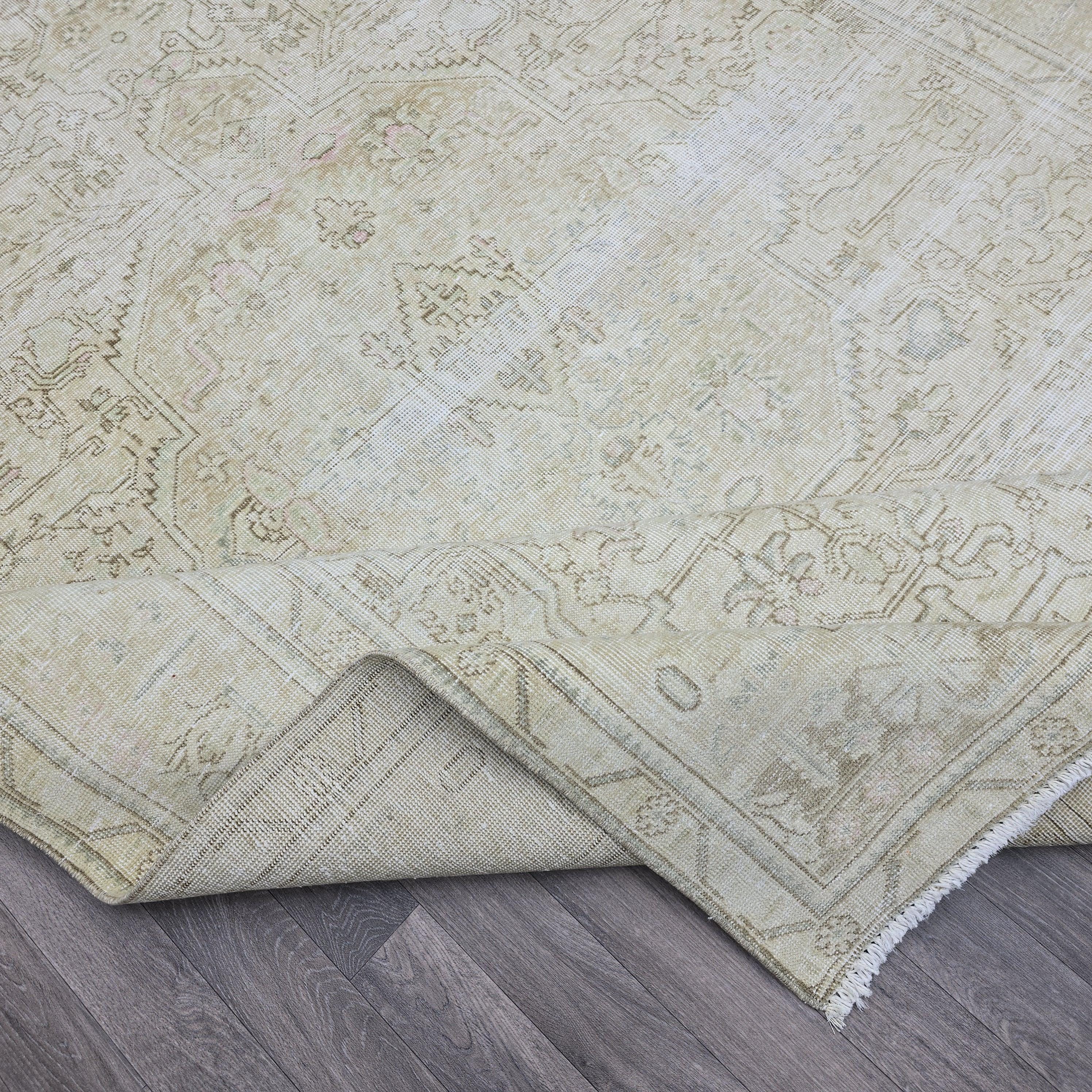 Hand Knotted 8x11 Oushak Rug: Vintage Turkish Wool, Beige Brown Geometric