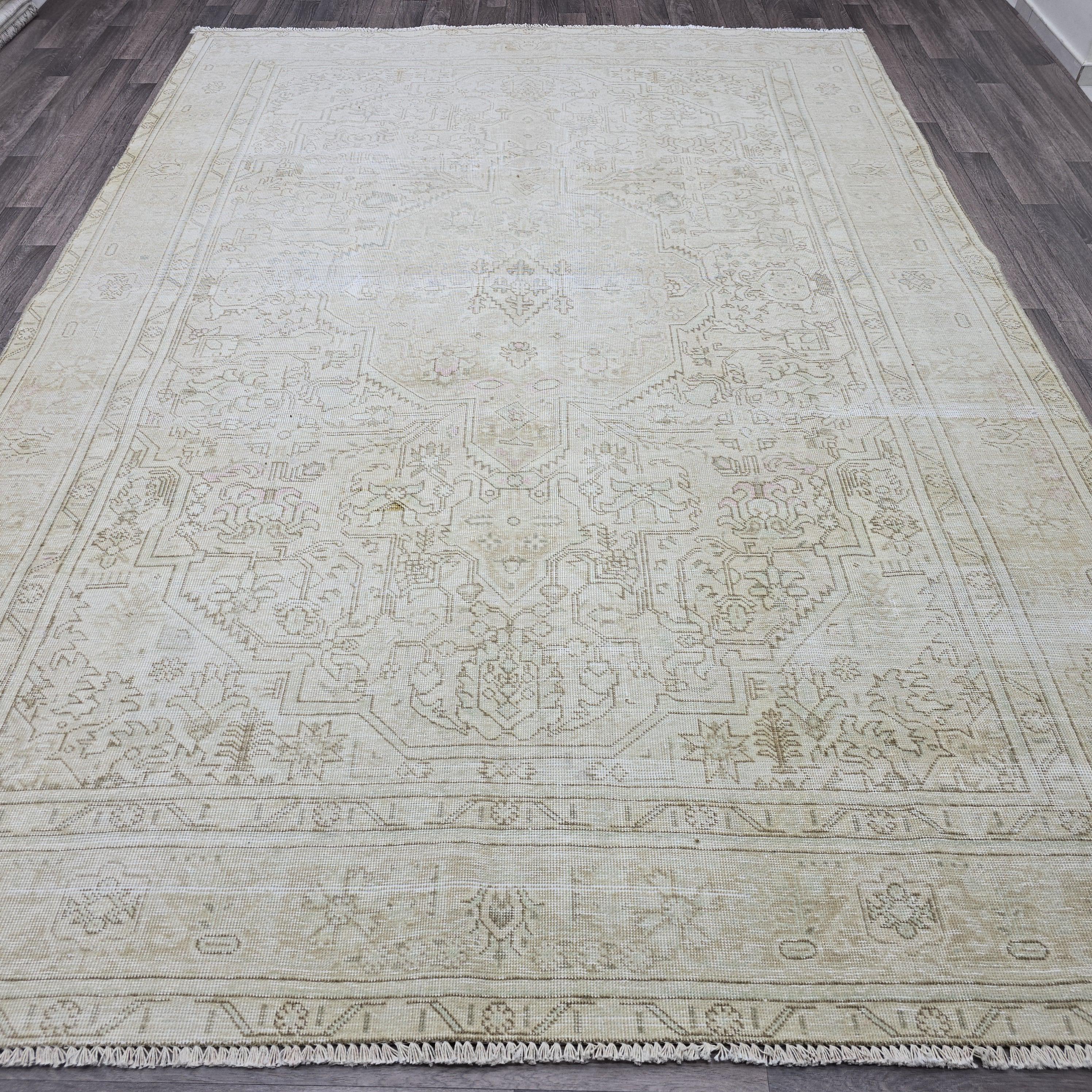 Oushak Rug 8x11: Neutral Vintage Turkish Wool Handmade Carpet, Beige Brown Geometric