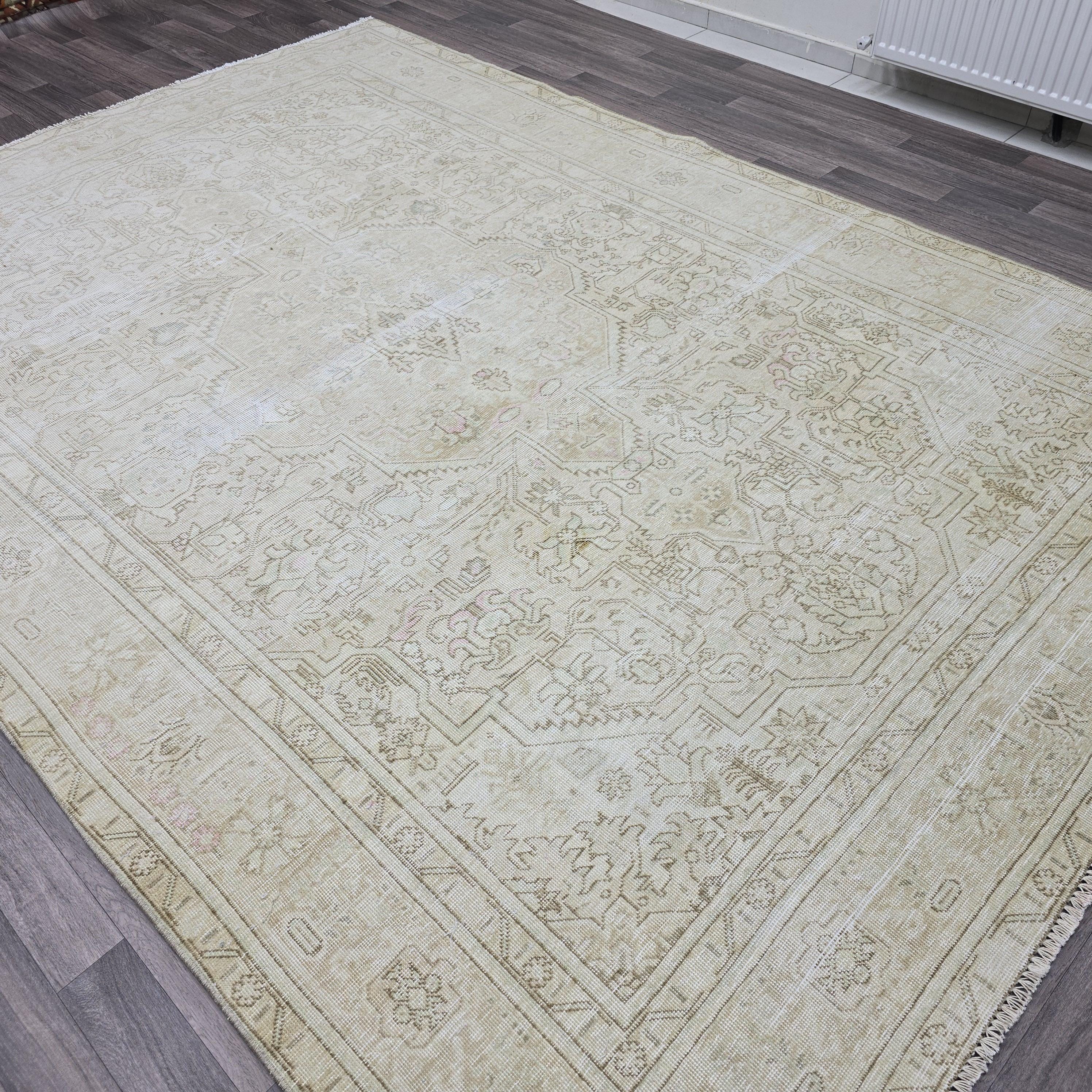 Oushak Rug 8x11: Neutral Vintage Turkish Wool Handmade Carpet, Beige Brown Geometric