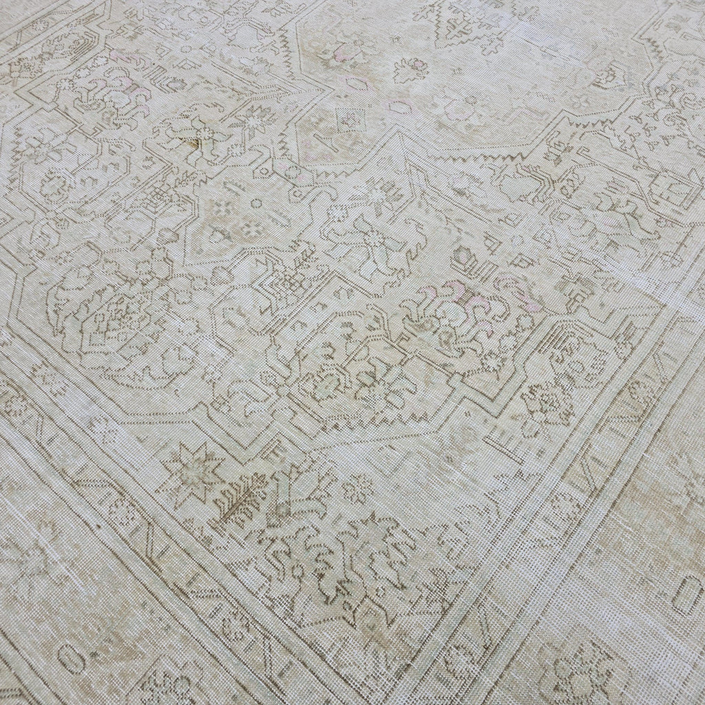 Hand Knotted 8x11 Oushak Rug: Vintage Turkish Wool, Beige Brown Geometric