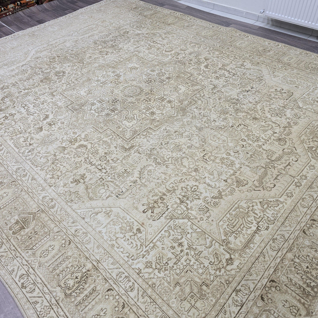 9x12 ft Hand-Knotted Wool Turkish Oushak Rug: Neutral Vintage Distressed Carpet