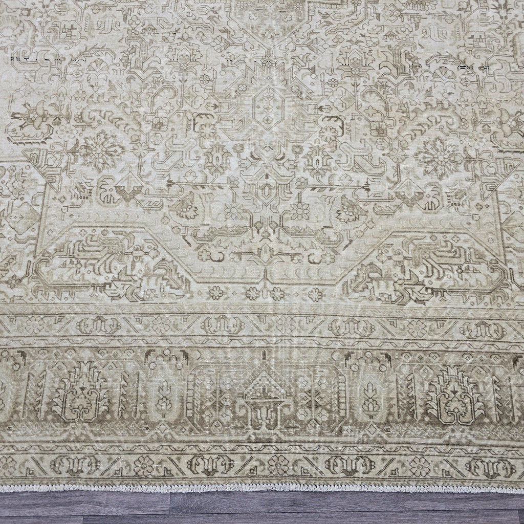 9x12 Hand-Knotted Oushak Rug: Neutral Distressed Vintage Turkish Carpet