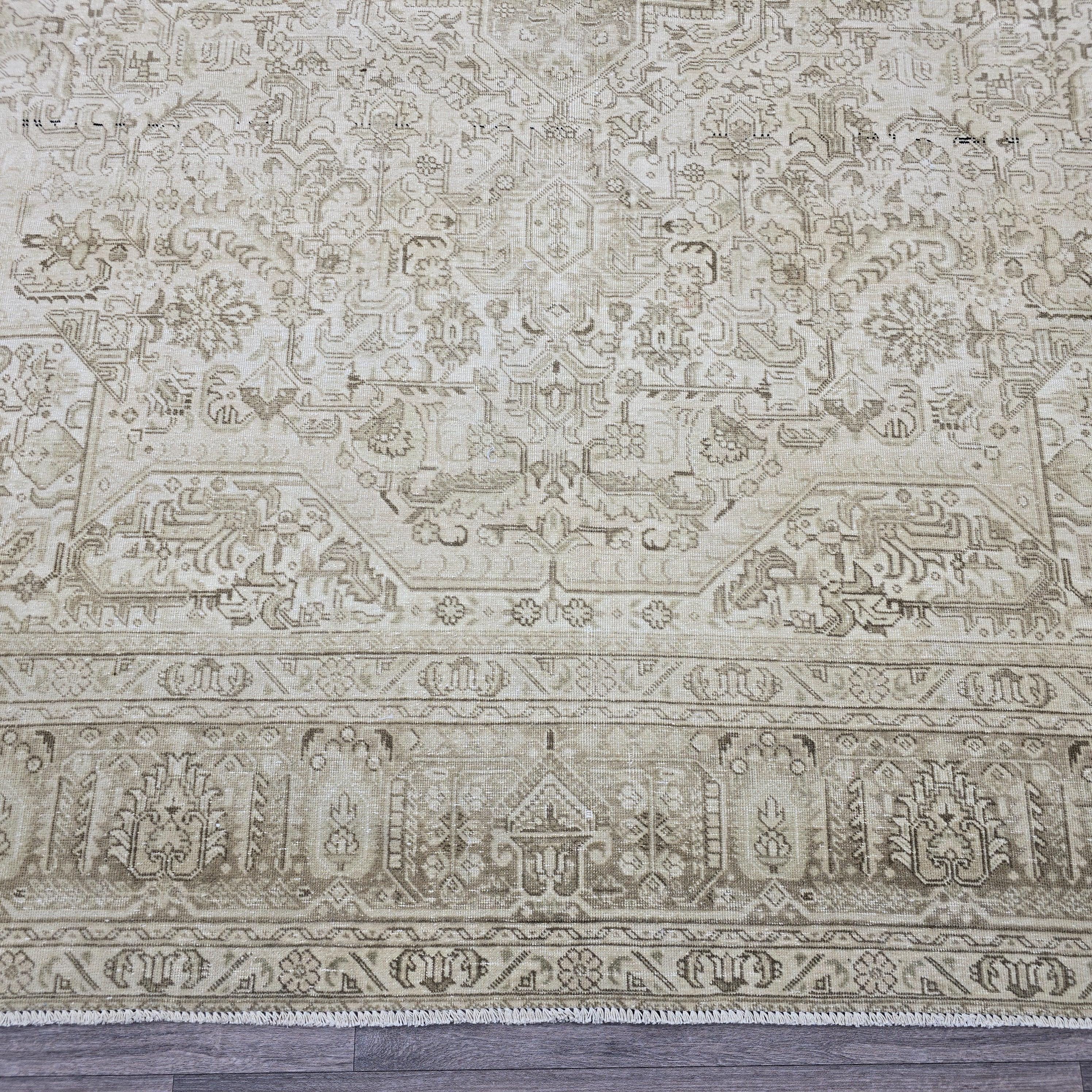 9x12 ft Hand-Knotted Wool Turkish Oushak Rug: Neutral Vintage Distressed Carpet