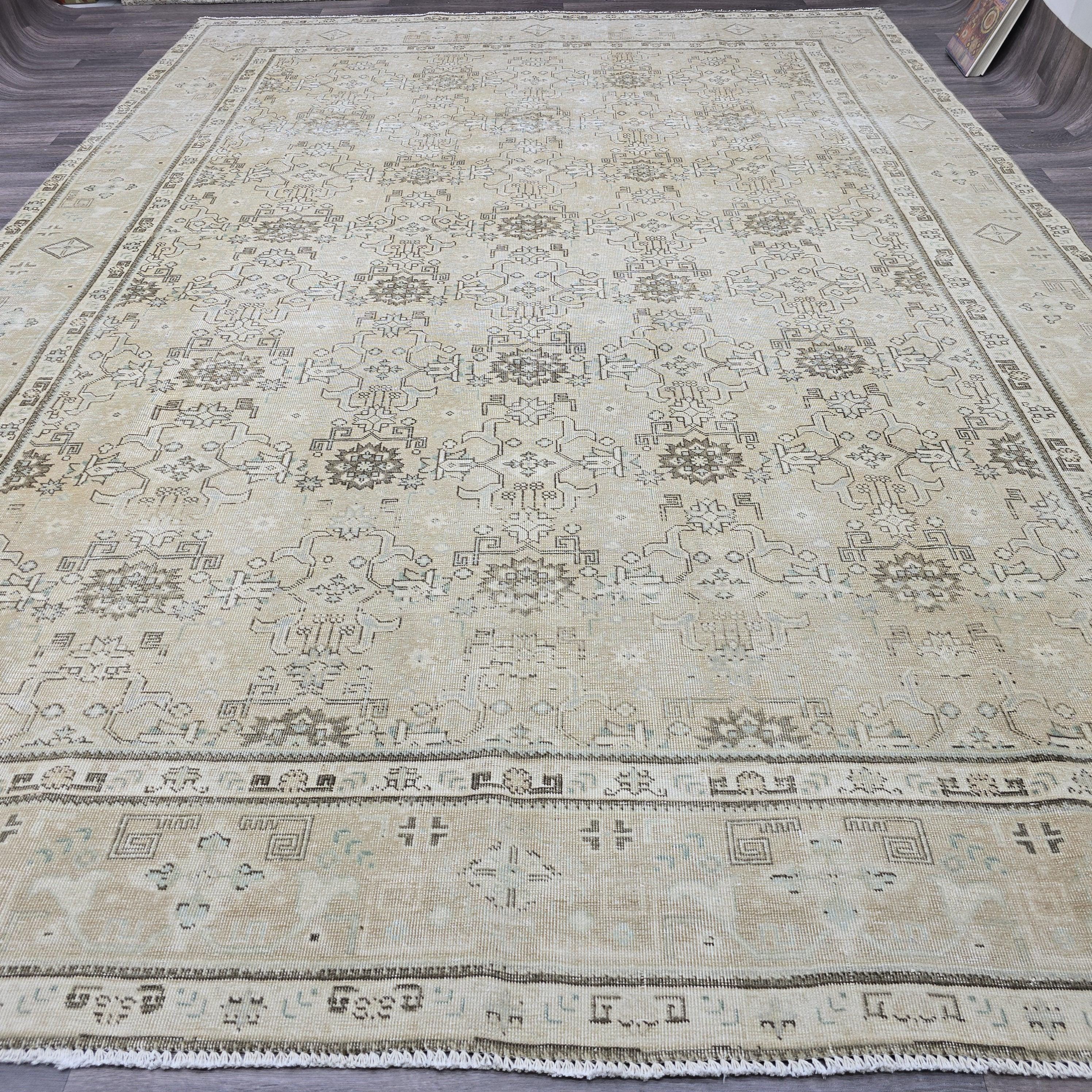 9x13 Oversize Vintage Rug/ Hand Knotted Large Turkish Rug/ Neutral Floral Area Rug/ Distressed Oushak Rug/ Oriental Carpet/ 9.25 x 13 feet