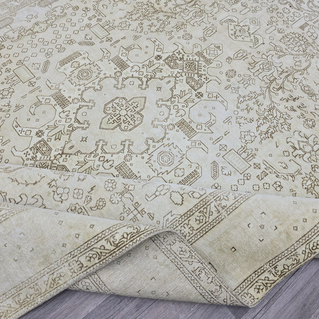 Oushak Rug 8x11: Vintage Turkish Wool Area Rug, Neutral Distressed Geometric
